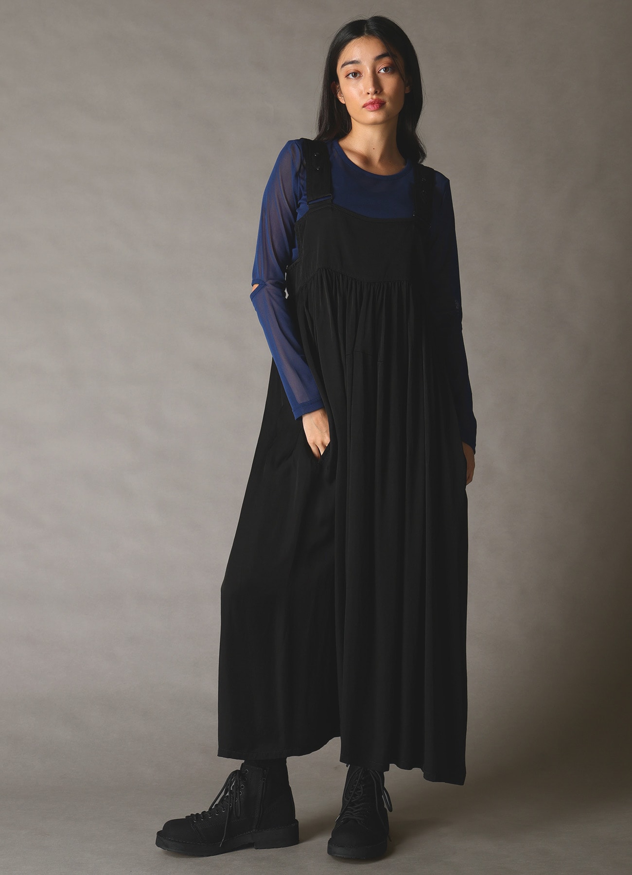 CUPRO FIBRIL TWILL SUSPENDER DRESS