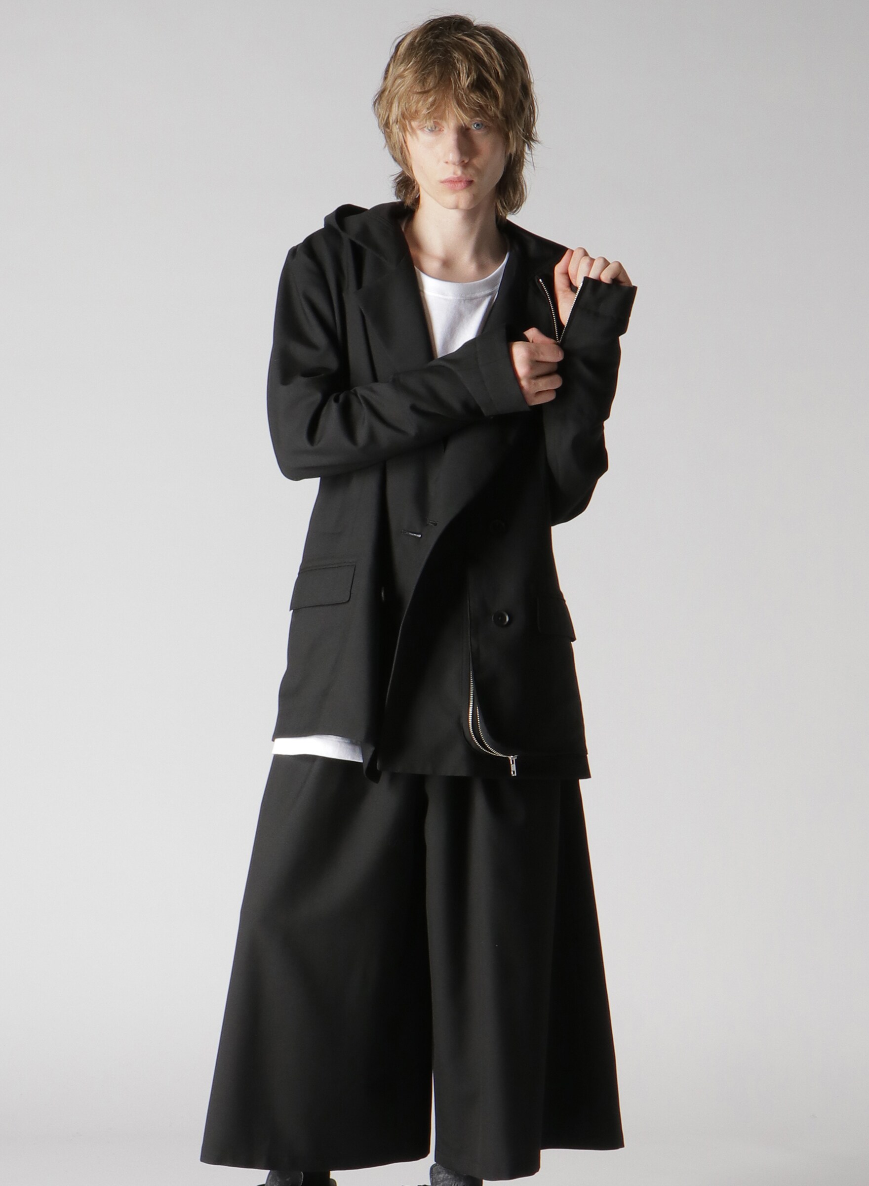 WOOL/POLYESTER GABARDINE PEA COAT(FREE SIZE BLACK): Ground Y｜THE