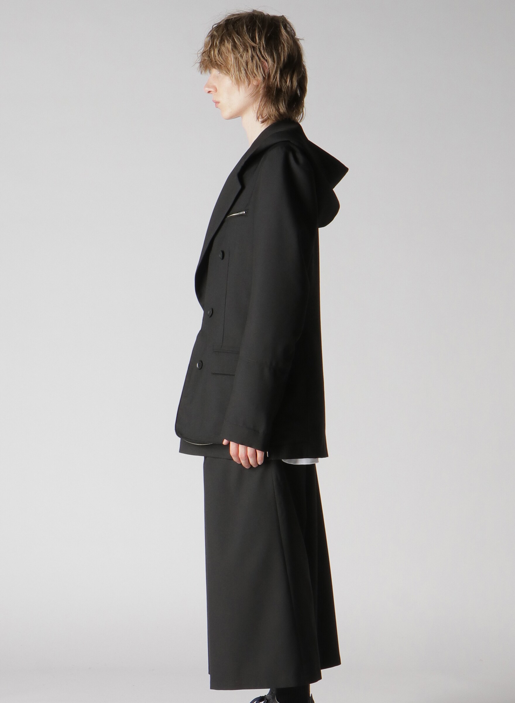 WOOL/POLYESTER GABARDINE PEA COAT(FREE SIZE BLACK): Ground Y｜THE