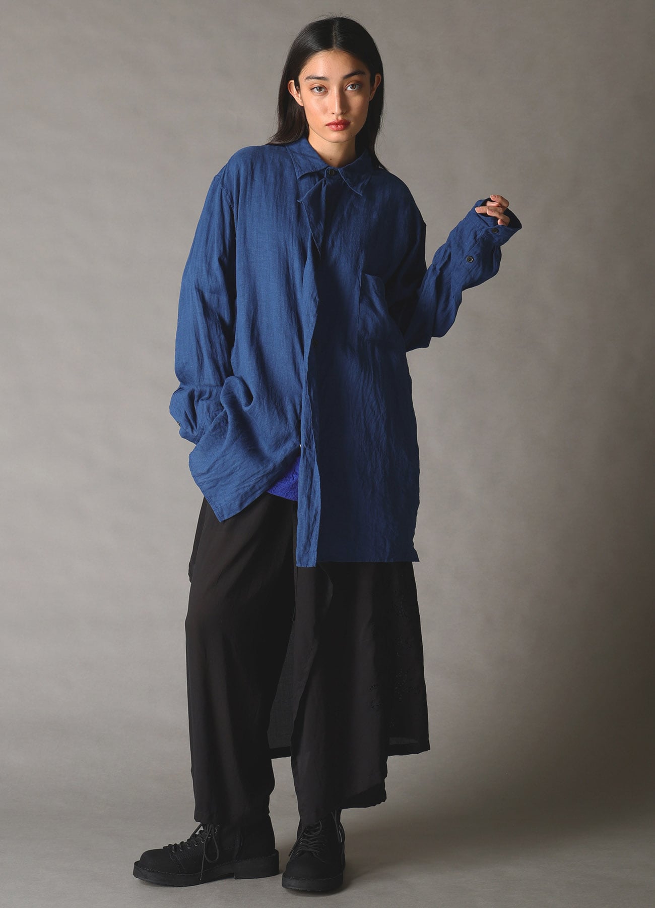 WASHED LINEN CANVAS DRAPE SHIRT