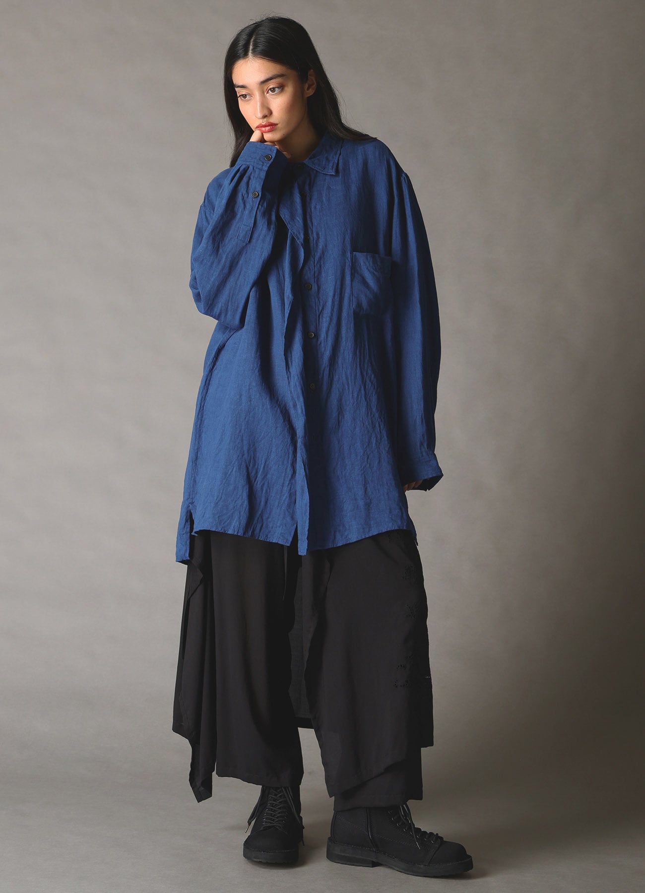 WASHED LINEN CANVAS DRAPE SHIRT