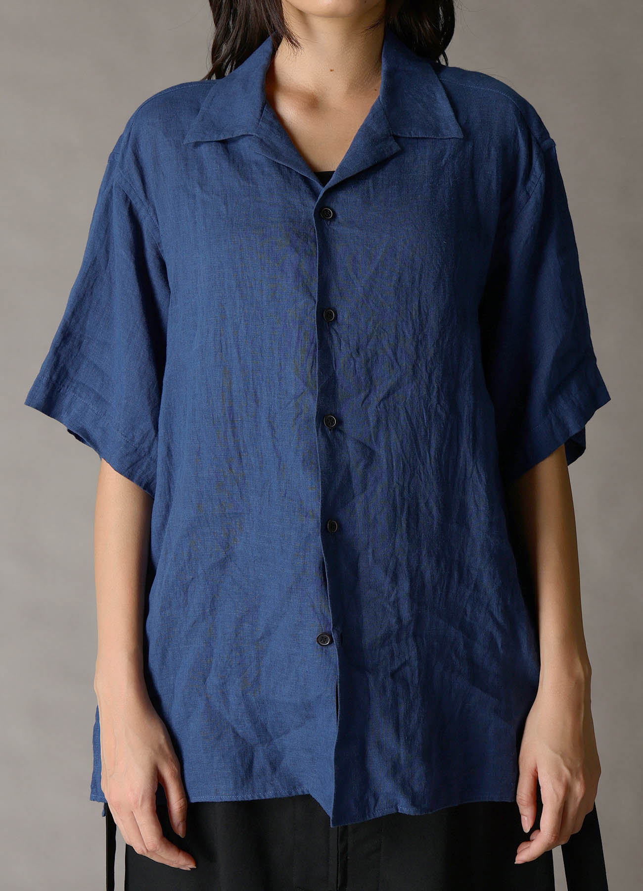WASHED LINEN CANVAS OPEN COLLAR SHIRT