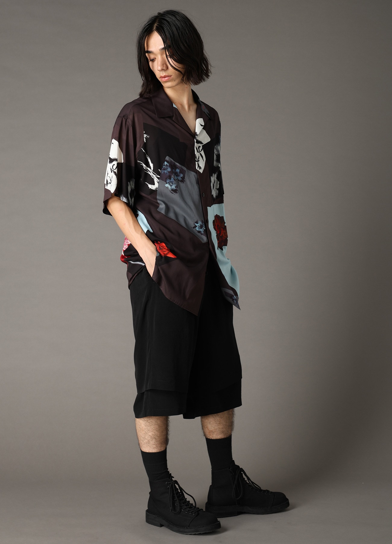 FLORAL PATCHWORK PRINT OPEN-COLLAR SHIRT BROWN