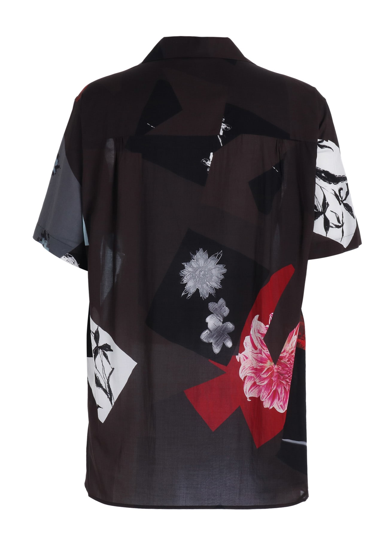 FLORAL PATCHWORK PRINT OPEN-COLLAR SHIRT BROWN