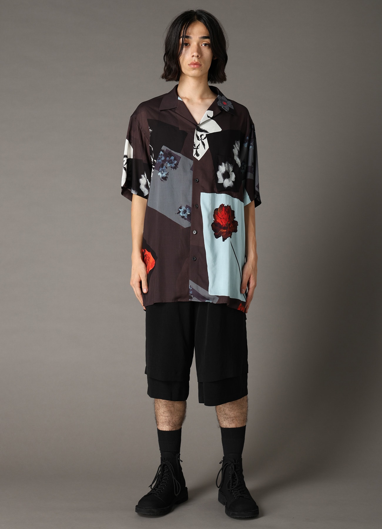 FLORAL PATCHWORK PRINT OPEN-COLLAR SHIRT BROWN