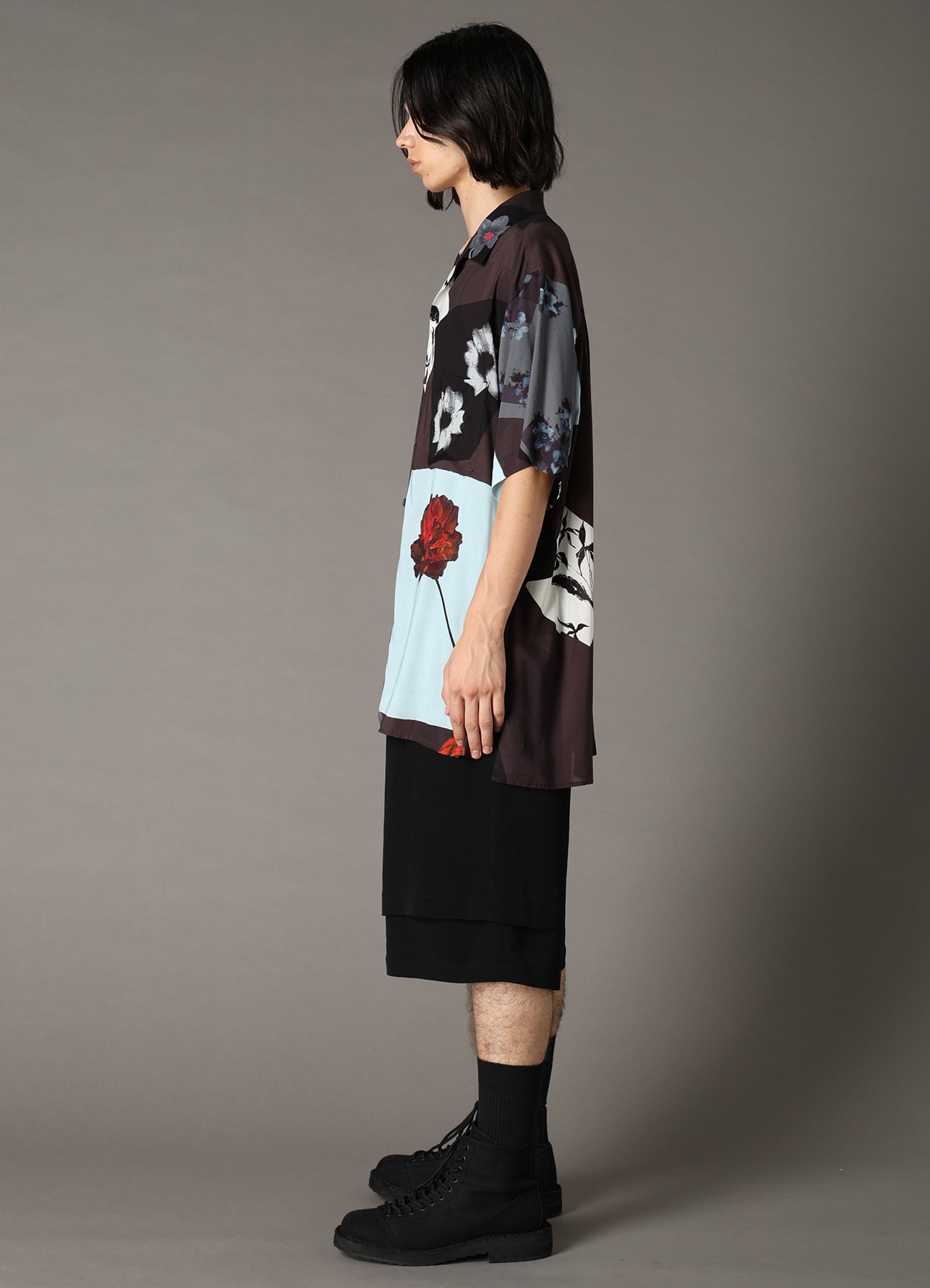 FLORAL PATCHWORK PRINT OPEN-COLLAR SHIRT BROWN