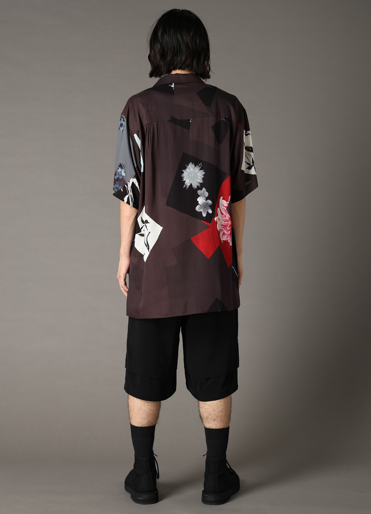 FLORAL PATCHWORK PRINT OPEN-COLLAR SHIRT BROWN