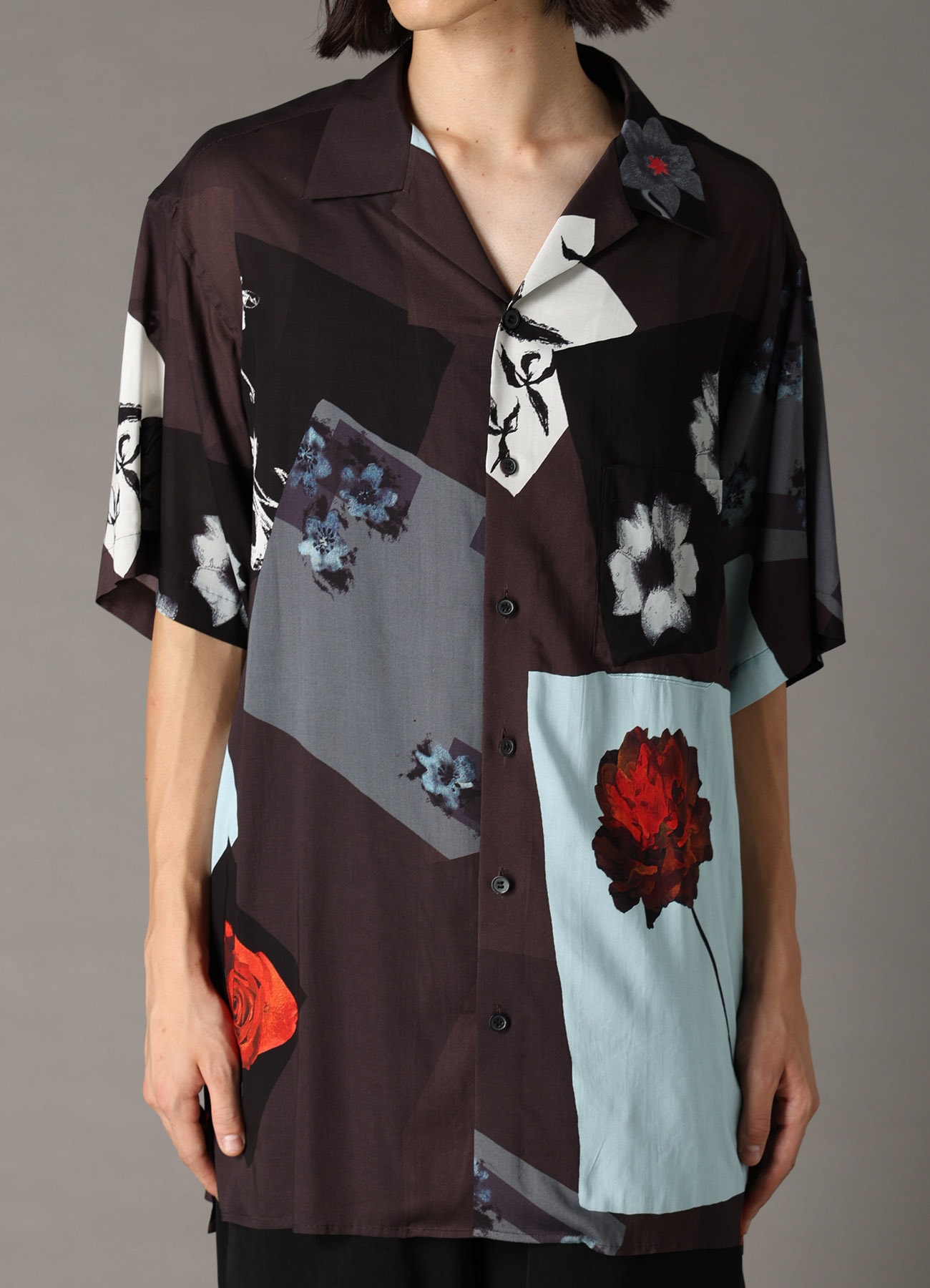 FLORAL PATCHWORK PRINT OPEN-COLLAR SHIRT BROWN