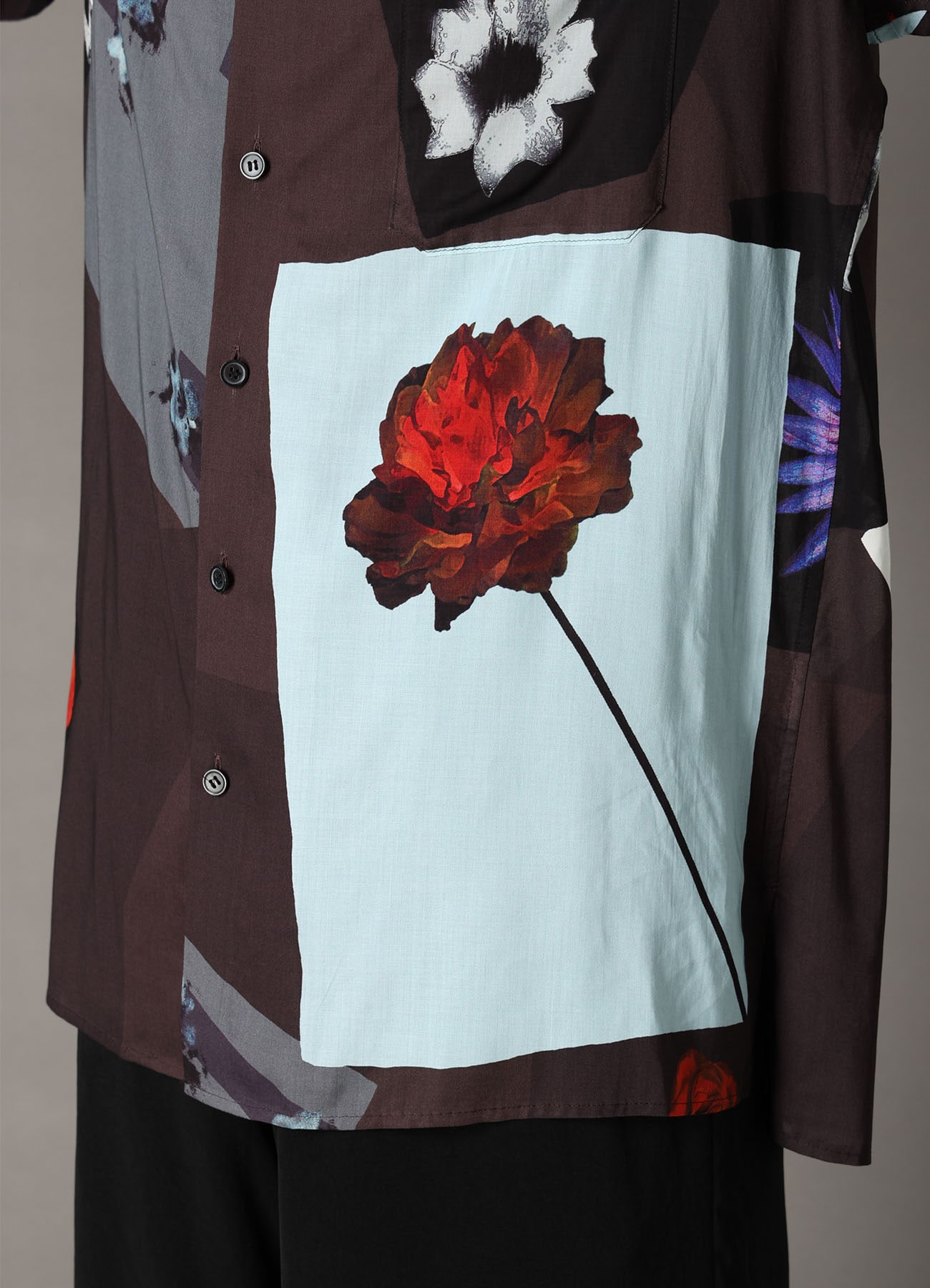 FLORAL PATCHWORK PRINT OPEN-COLLAR SHIRT BROWN