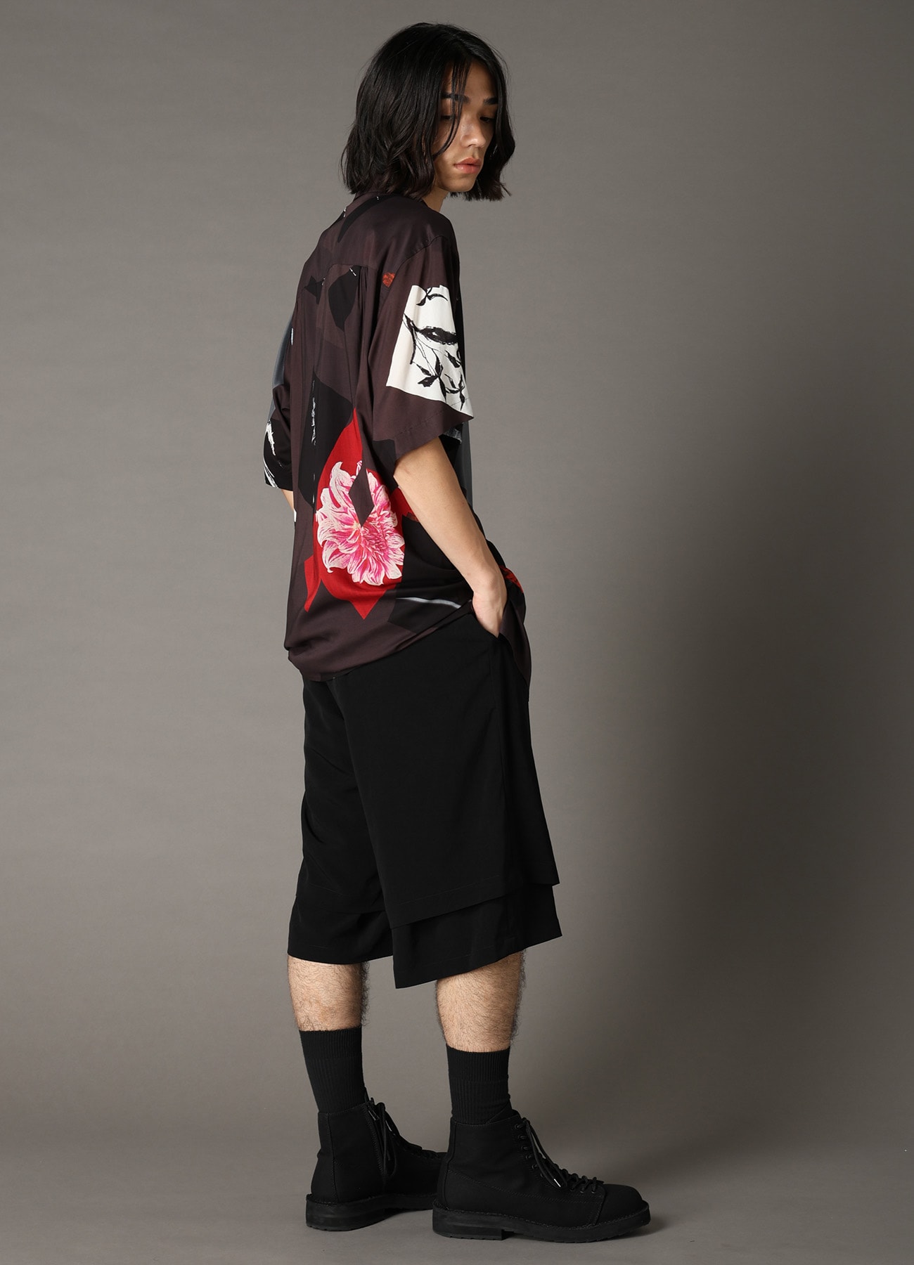 FLORAL PATCHWORK PRINT OPEN-COLLAR SHIRT BROWN