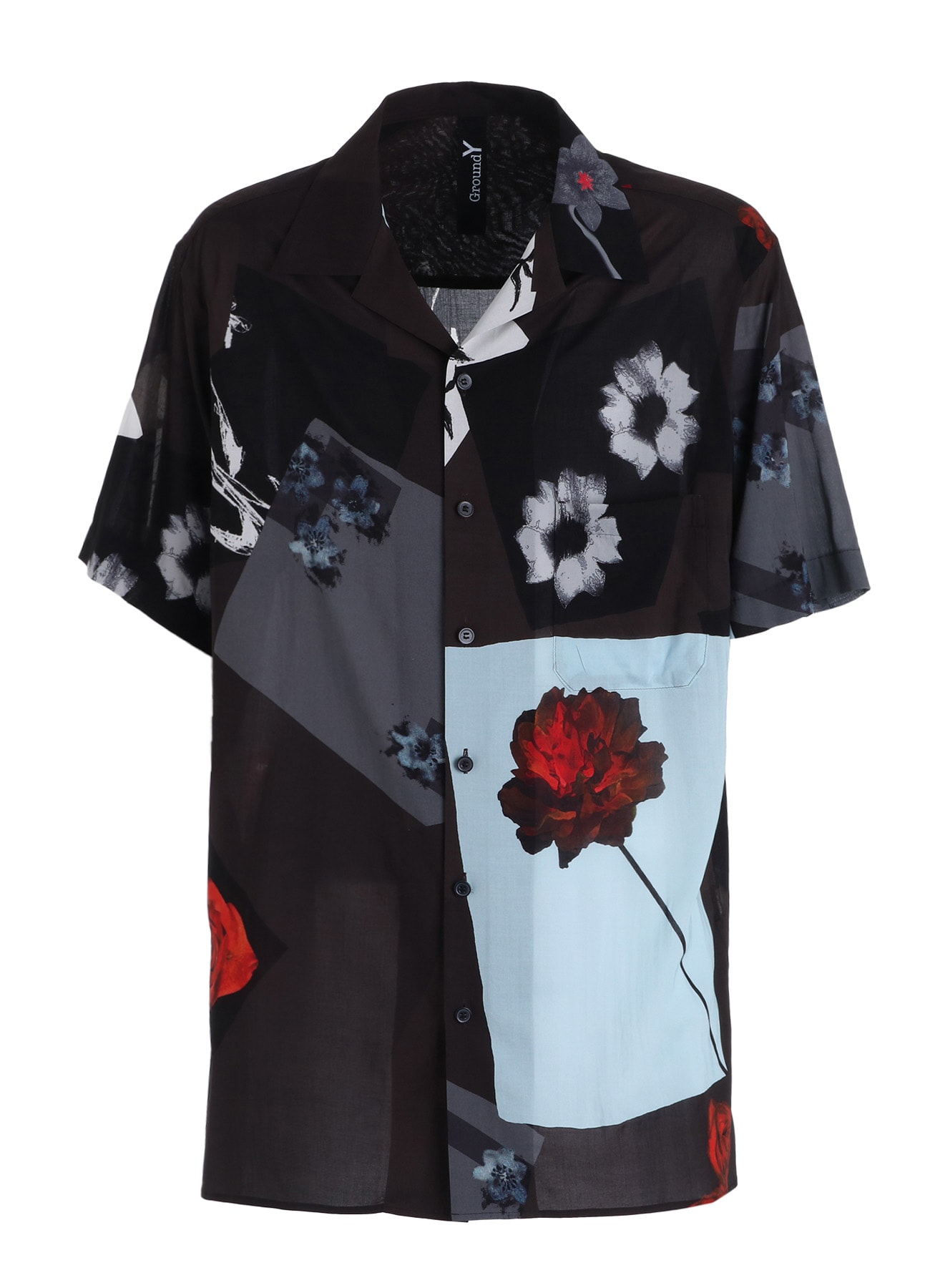 FLORAL PATCHWORK PRINT OPEN-COLLAR SHIRT BROWN