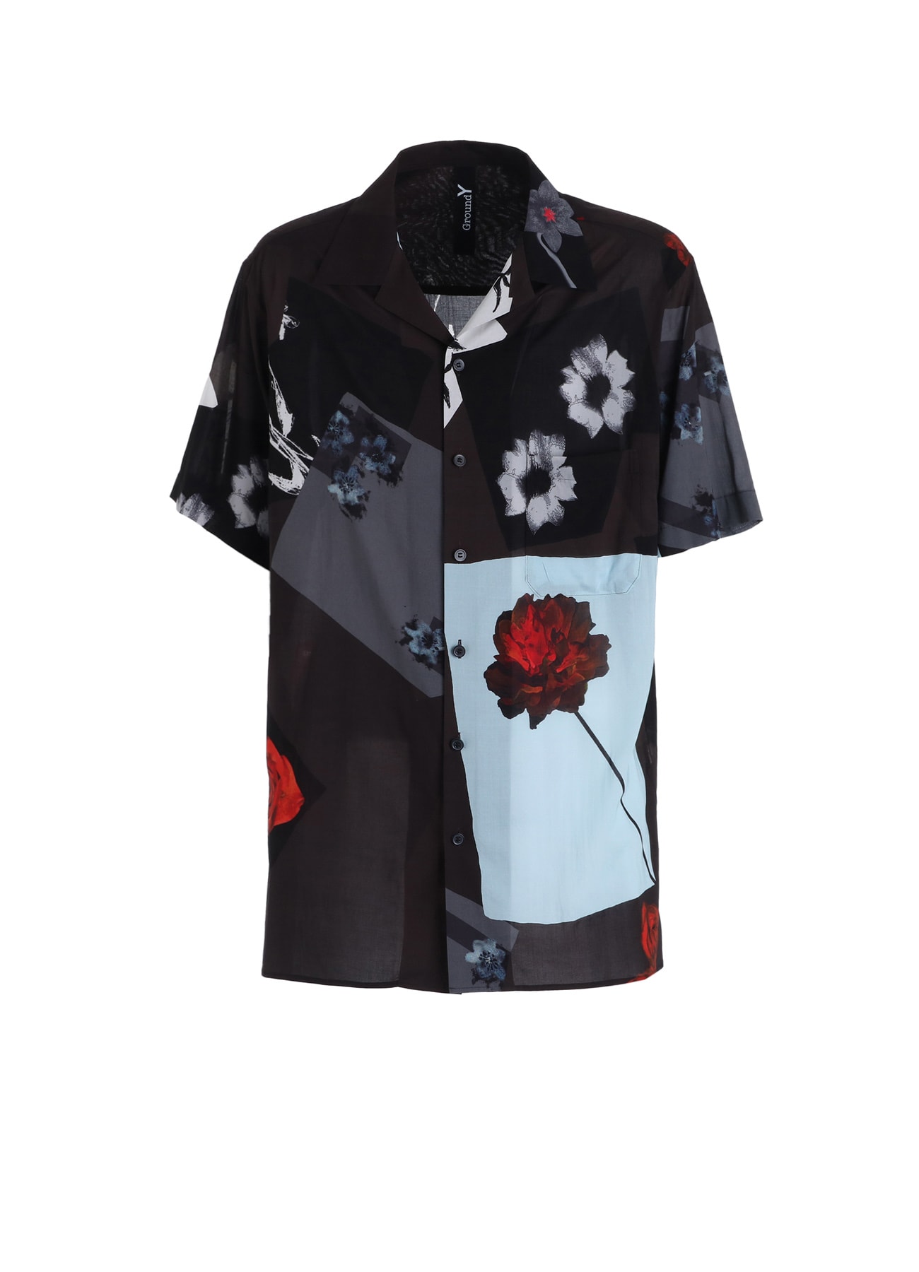 FLORAL PATCHWORK PRINT OPEN-COLLAR SHIRT BROWN
