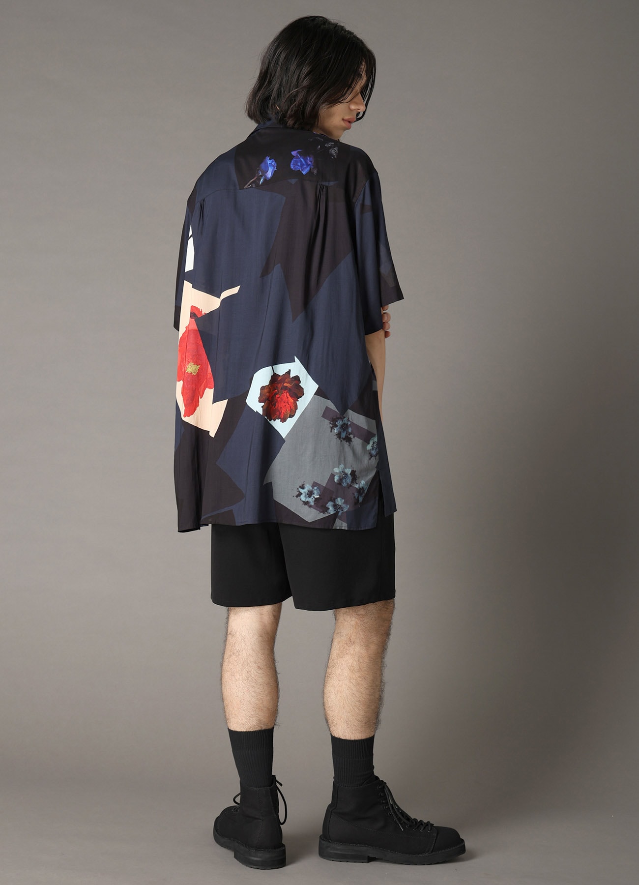 FLORAL PATCHWORK PRINT OPEN-COLLAR SHIRT NAVY