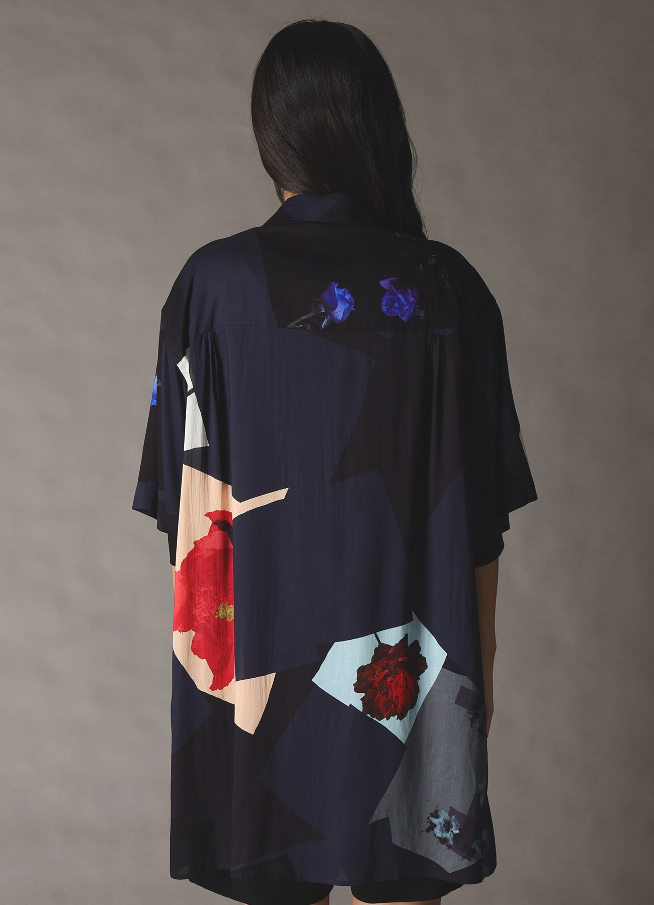 FLORAL PATCHWORK PRINT OPEN-COLLAR SHIRT NAVY