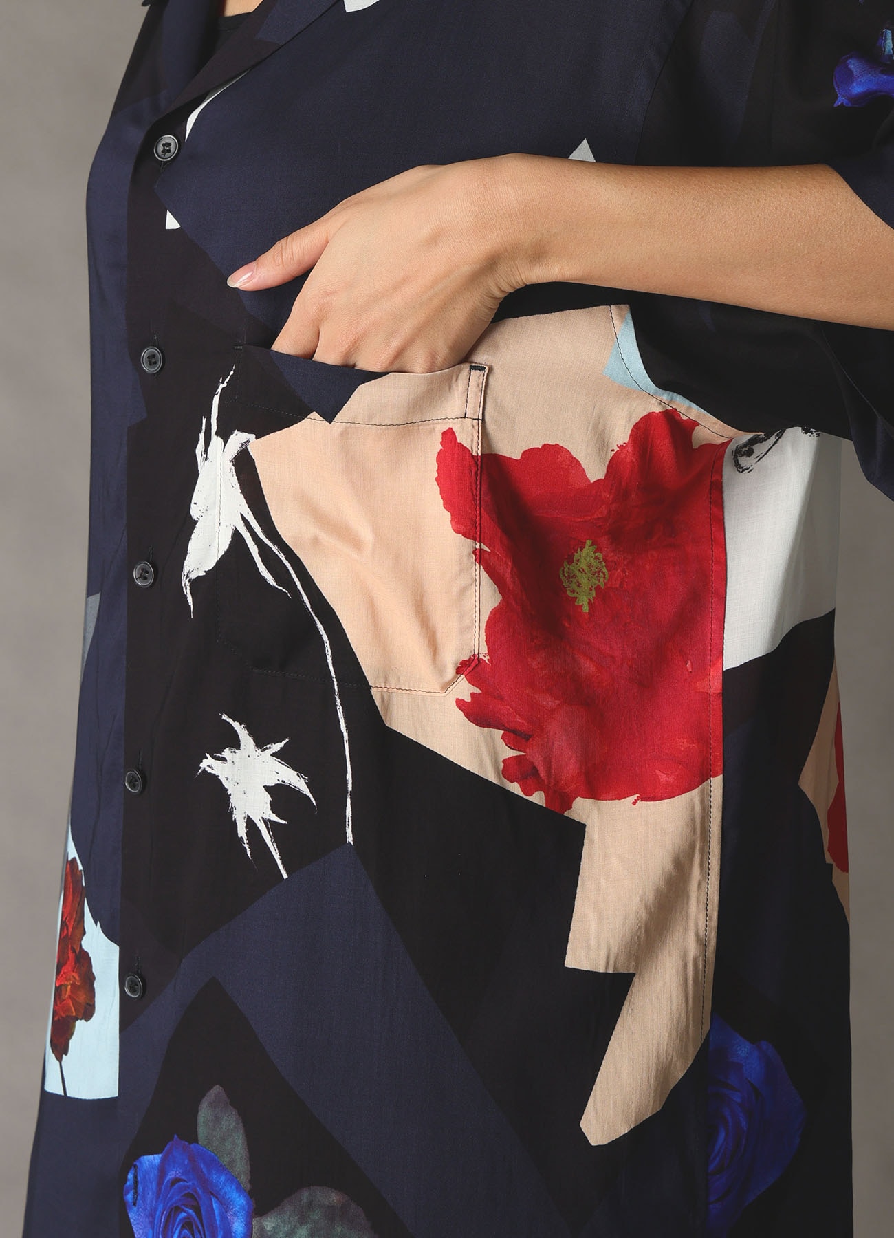 FLORAL PATCHWORK PRINT OPEN-COLLAR SHIRT NAVY