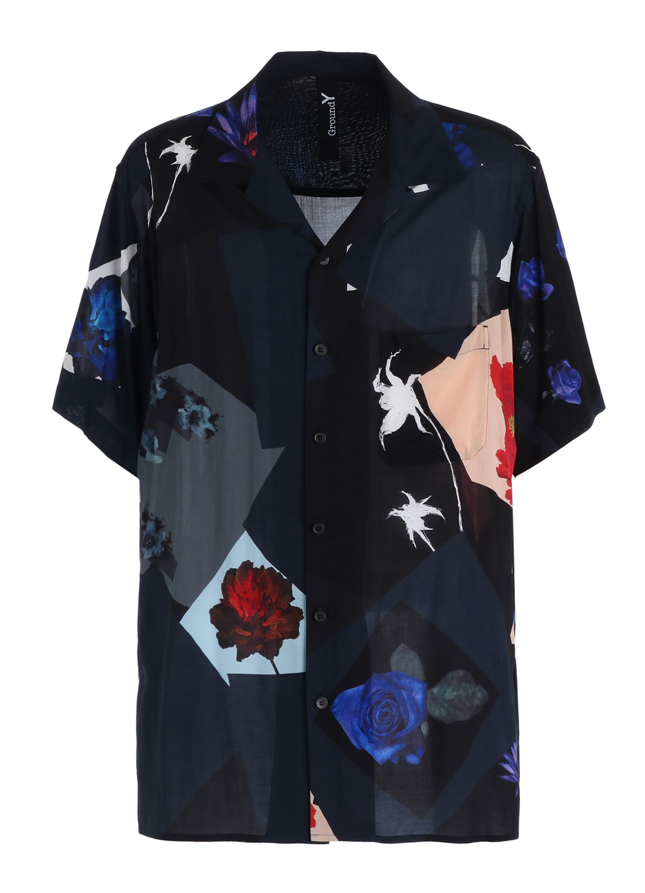 FLORAL PATCHWORK PRINT OPEN-COLLAR SHIRT NAVY