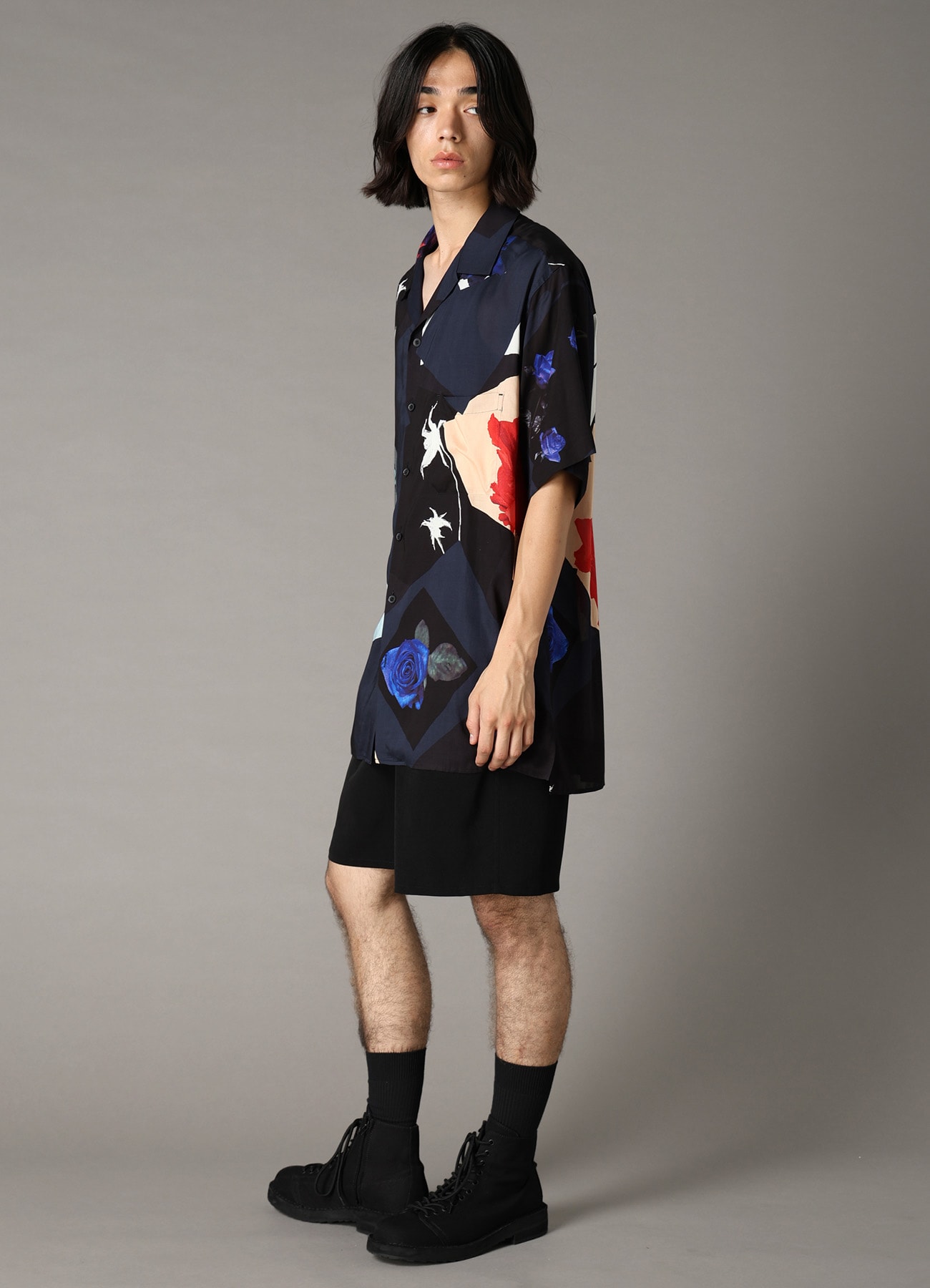 FLORAL PATCHWORK PRINT OPEN-COLLAR SHIRT NAVY