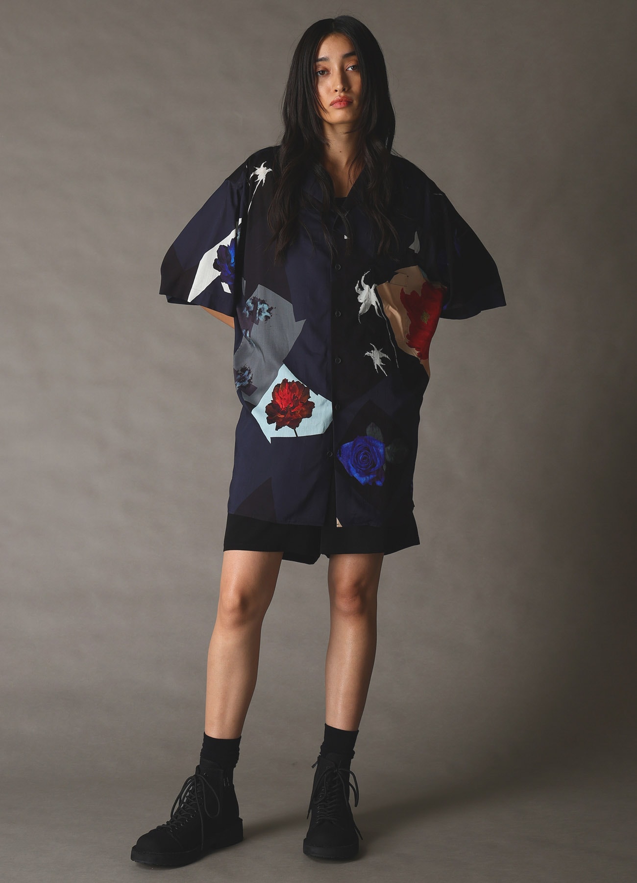 FLORAL PATCHWORK PRINT OPEN-COLLAR SHIRT NAVY