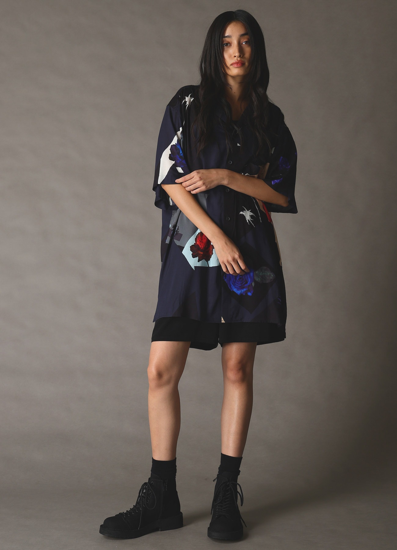 FLORAL PATCHWORK PRINT OPEN-COLLAR SHIRT NAVY