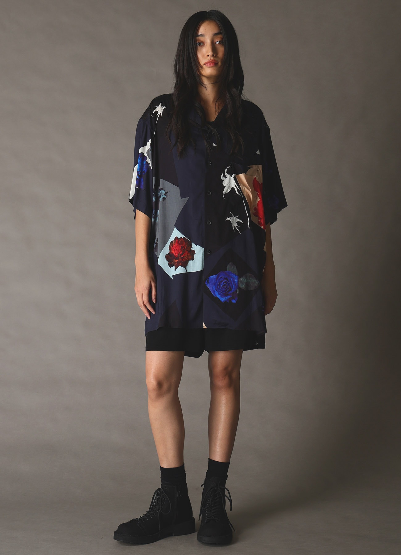 FLORAL PATCHWORK PRINT OPEN-COLLAR SHIRT NAVY