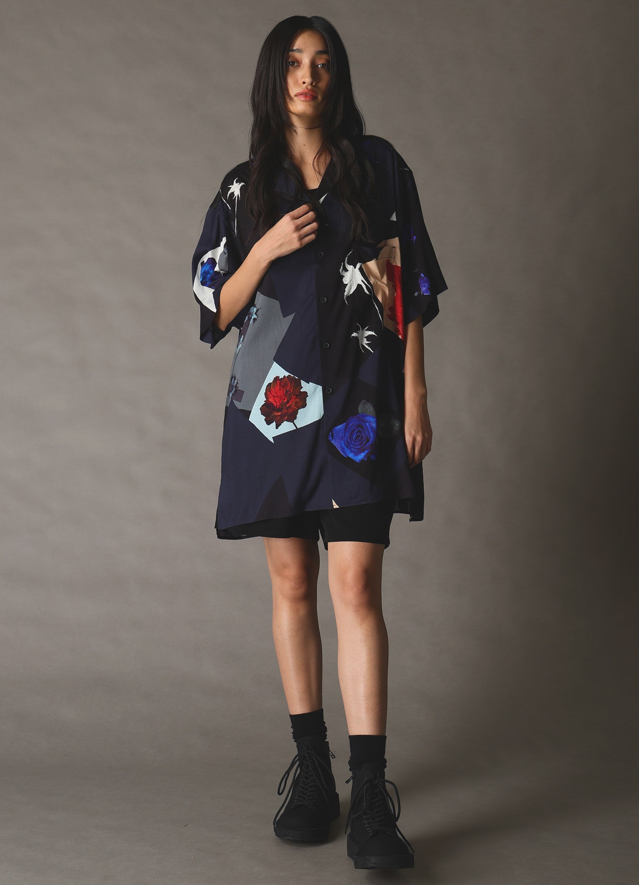 FLORAL PATCHWORK PRINT OPEN-COLLAR SHIRT NAVY