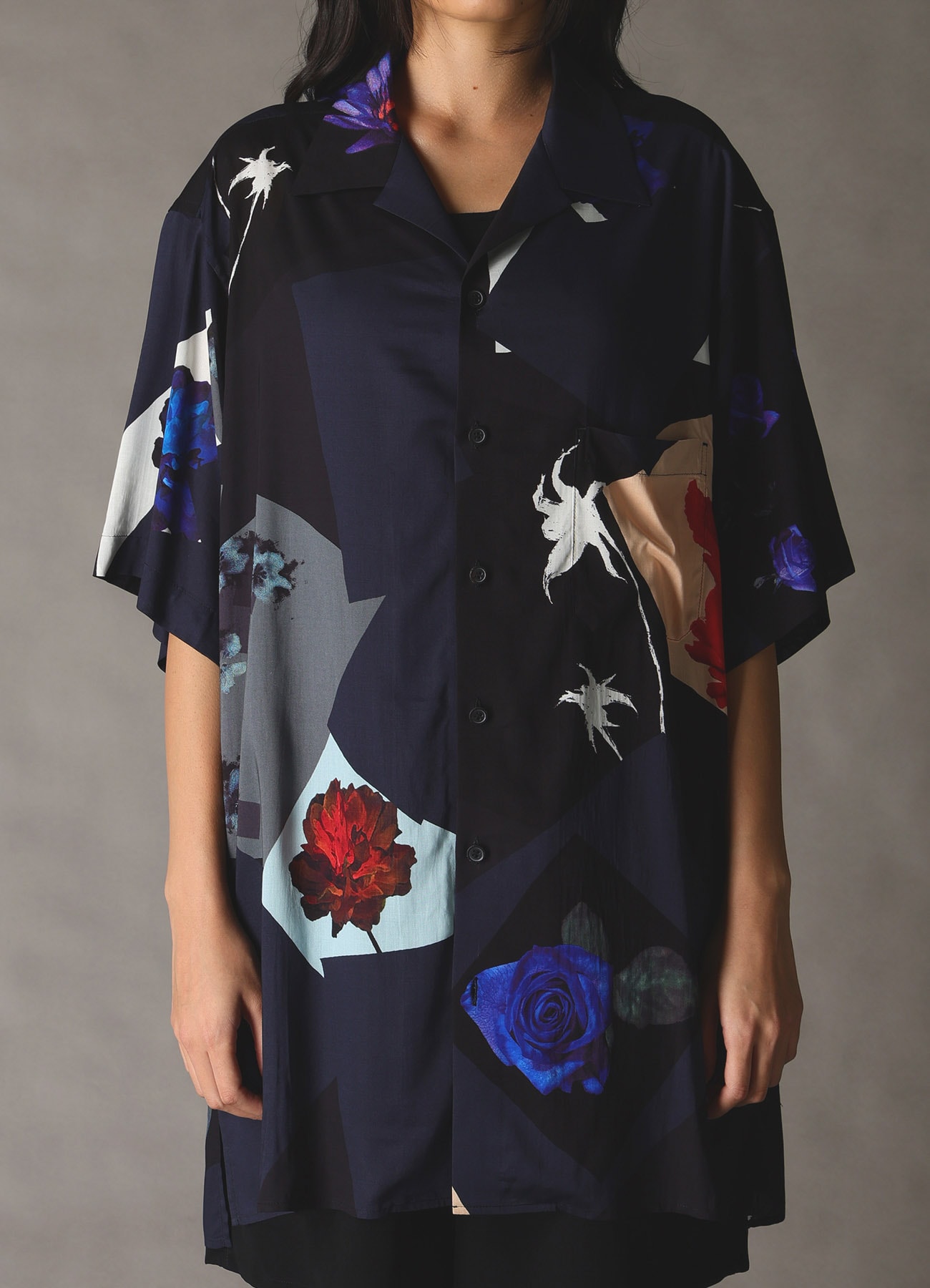 FLORAL PATCHWORK PRINT OPEN-COLLAR SHIRT NAVY