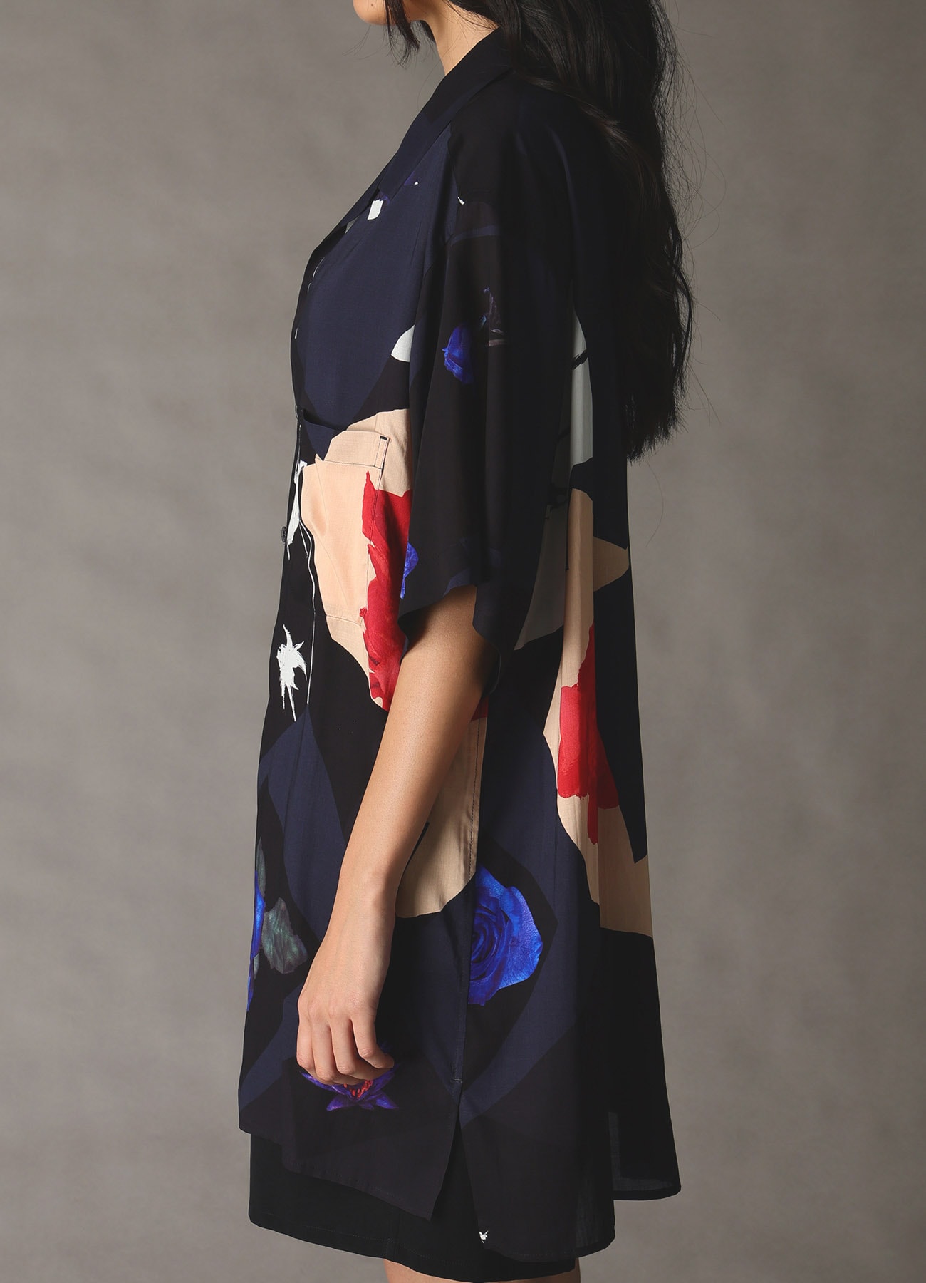 FLORAL PATCHWORK PRINT OPEN-COLLAR SHIRT NAVY