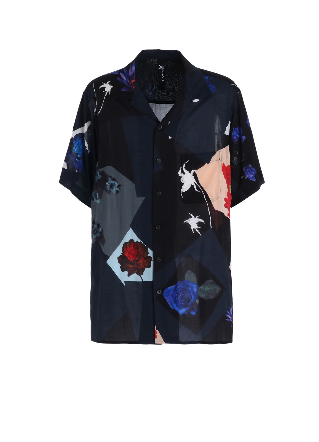 FLORAL PATCHWORK PRINT OPEN-COLLAR SHIRT NAVY