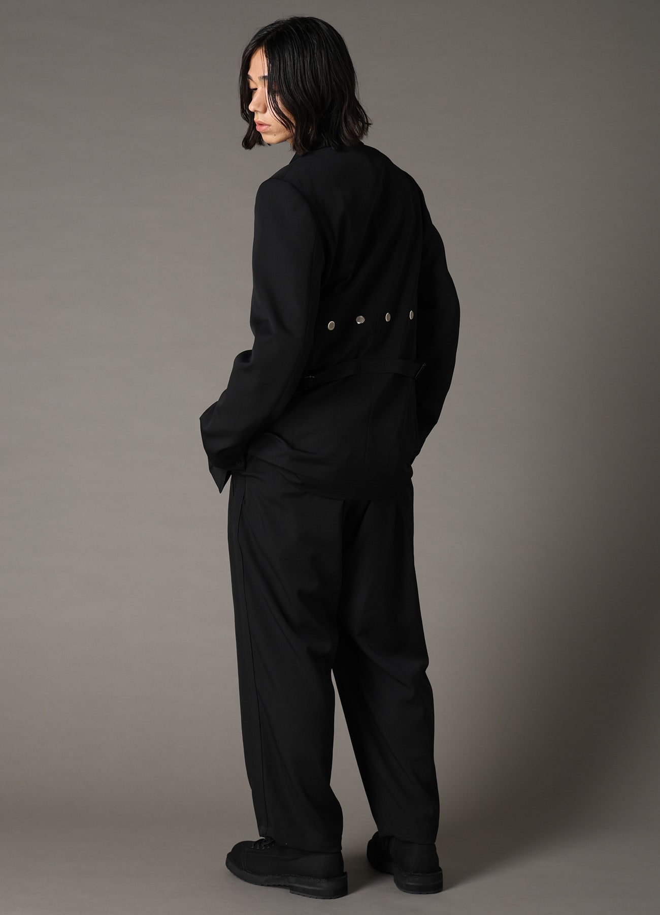 WOOL GABARDINE JACKET WITH EYELETS AND BACK BELT