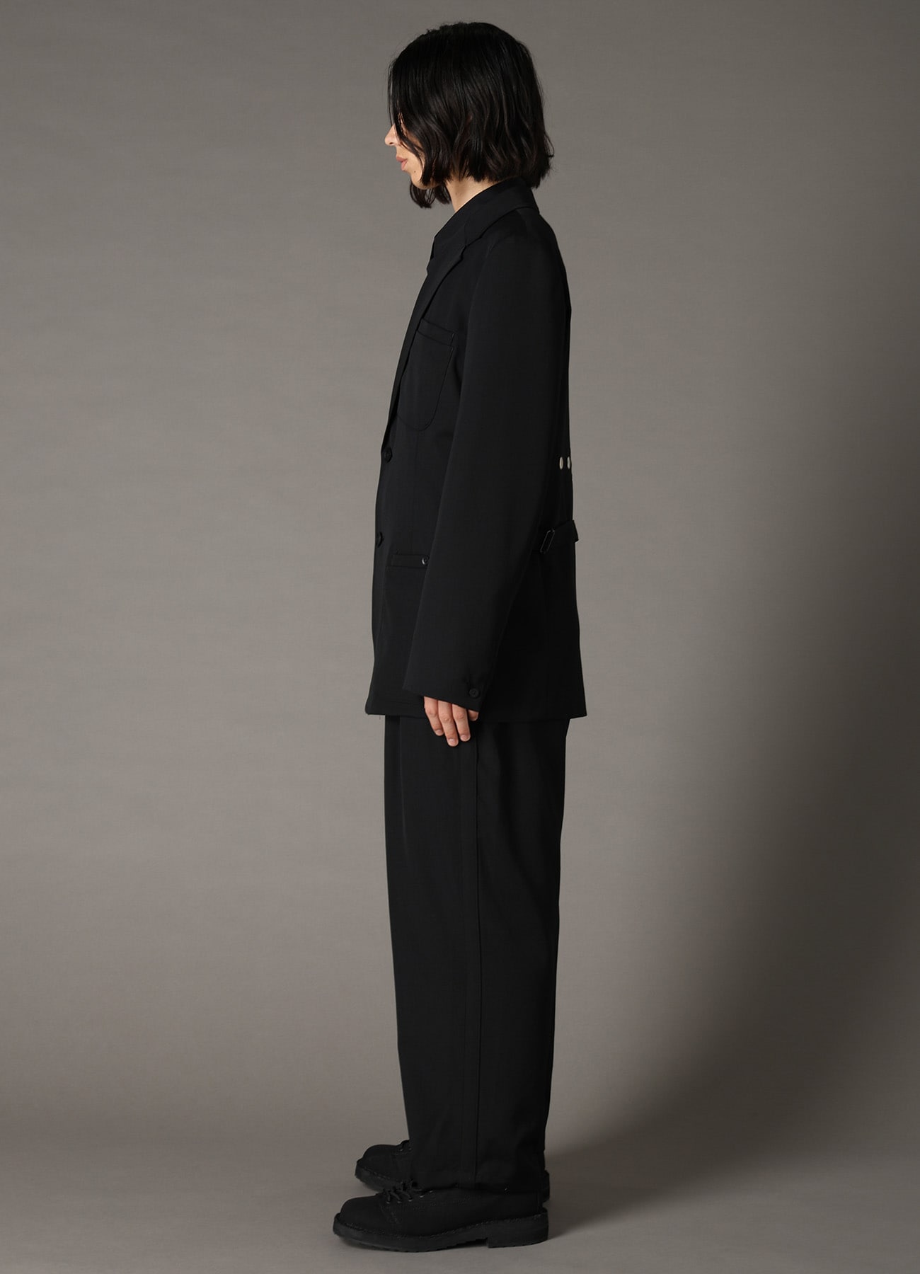 WOOL GABARDINE JACKET WITH EYELETS AND BACK BELT