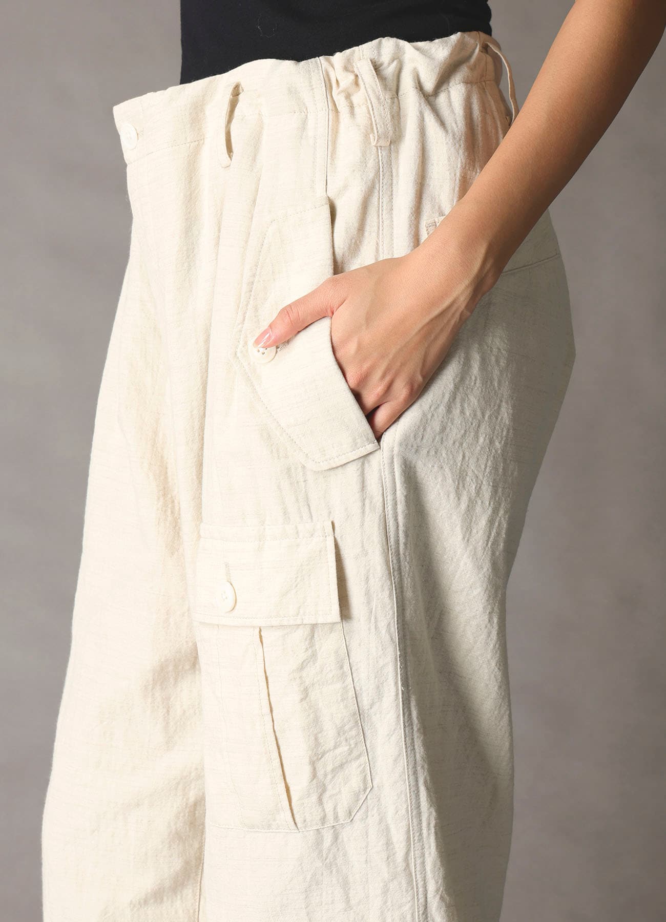 COTTON WOOL FLAX BROAD POCKET SLIM PANTS