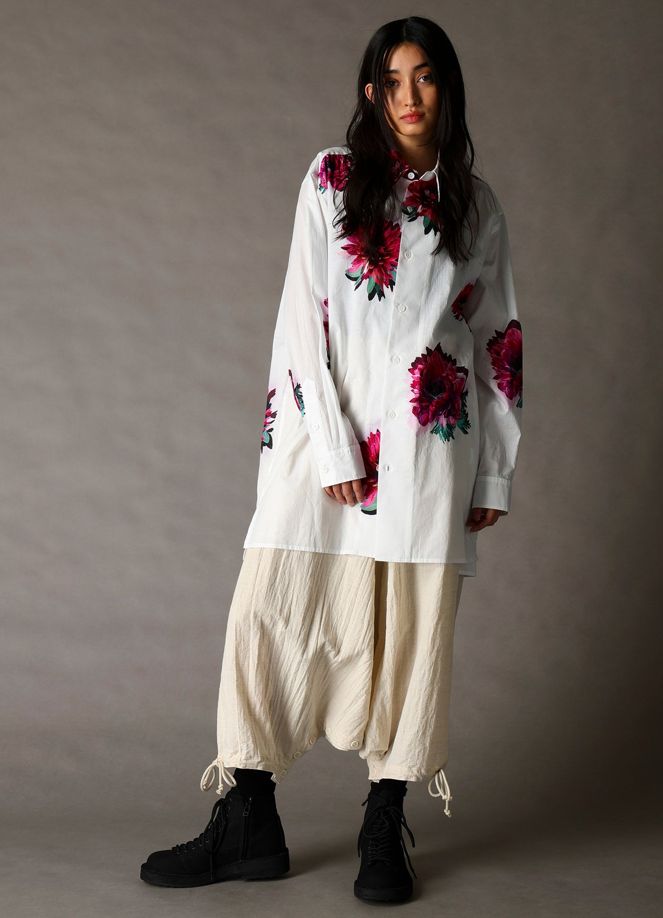 COTTON WOOL FLAX BROAD INSEAM BUTTON SAROUEL PANTS