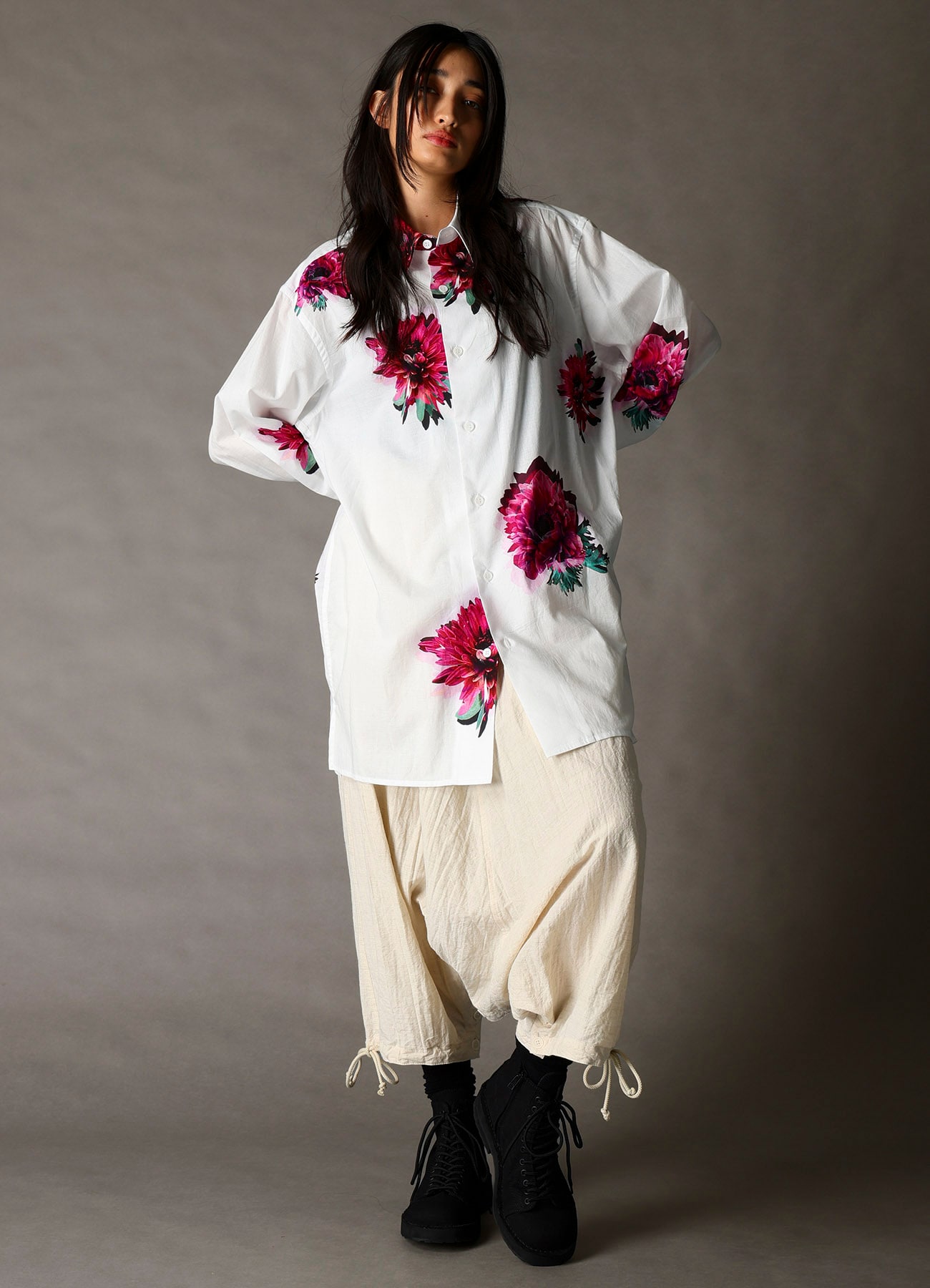 COTTON WOOL FLAX BROAD INSEAM BUTTON SAROUEL PANTS