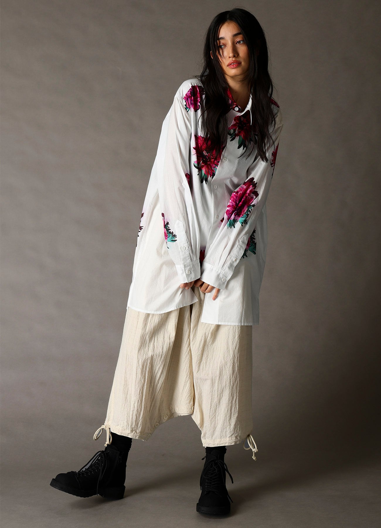 COTTON WOOL FLAX BROAD INSEAM BUTTON SAROUEL PANTS