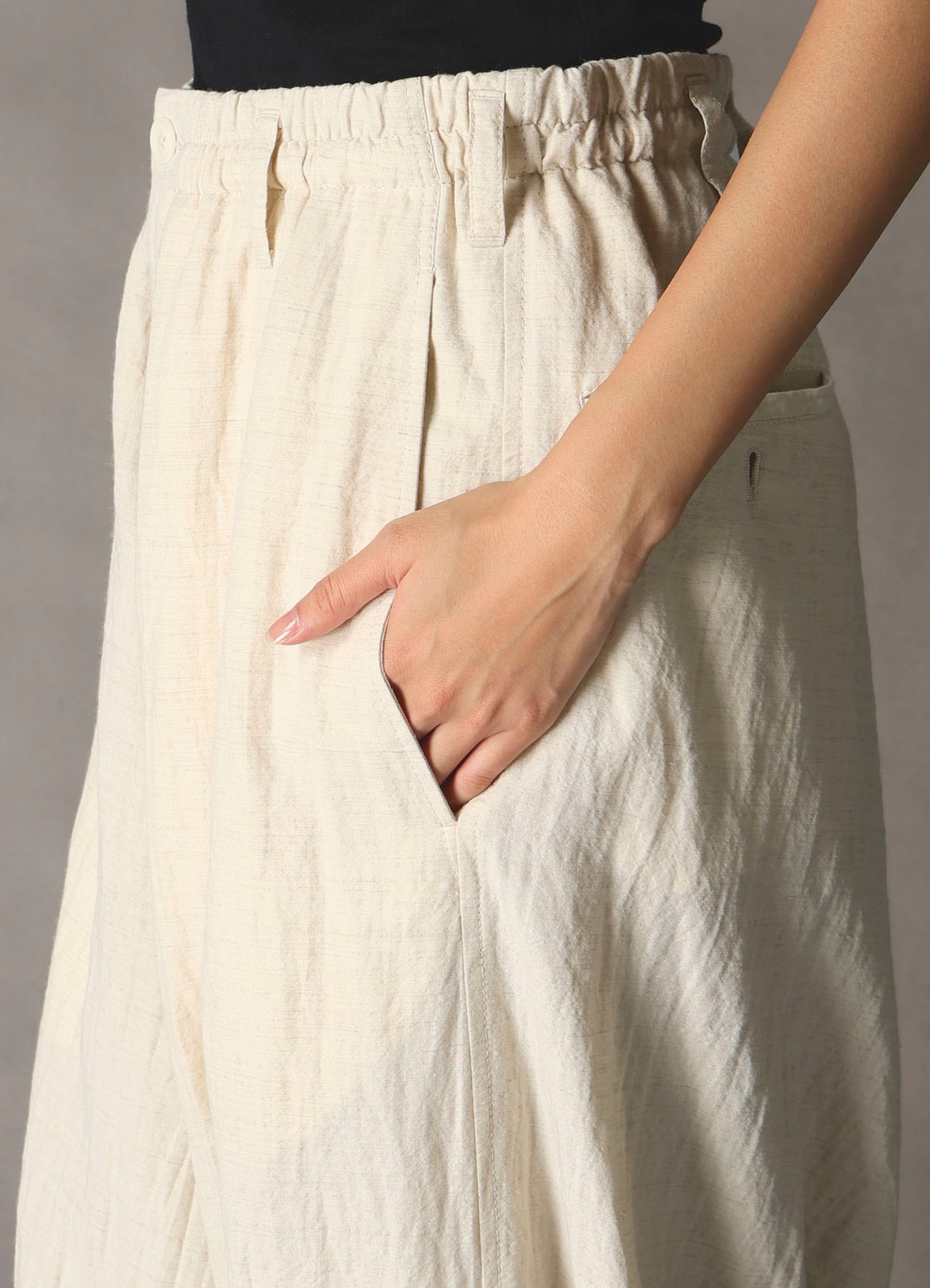 COTTON WOOL FLAX BROAD INSEAM BUTTON SAROUEL PANTS