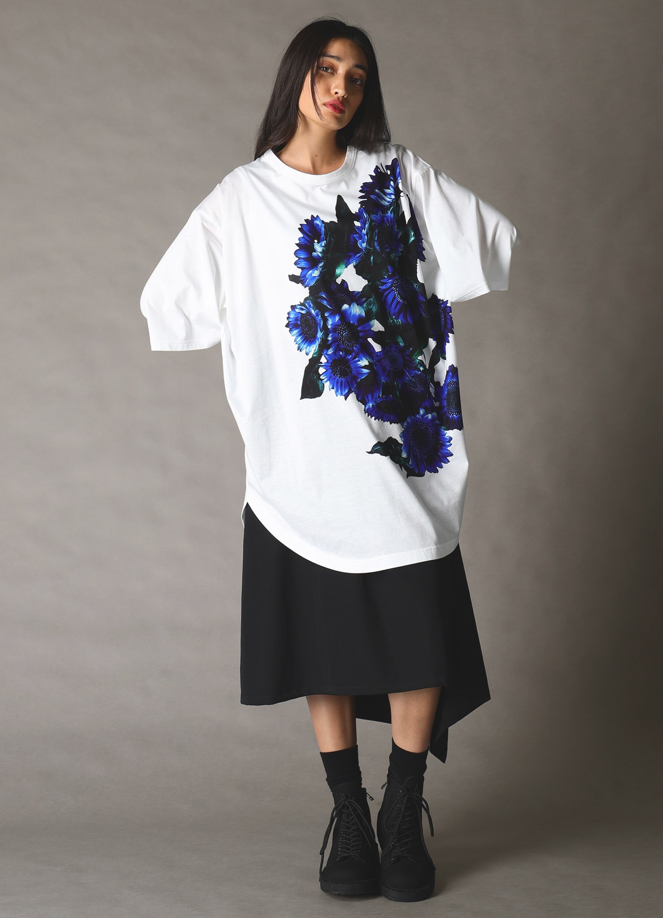 BLUE FLOWER PRINT BIG T-SHIRT