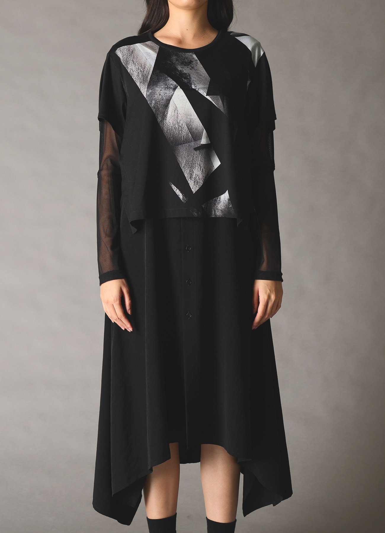 GEOMETRIC CREPE DE CHINE LONG SHIRT LAYERED T