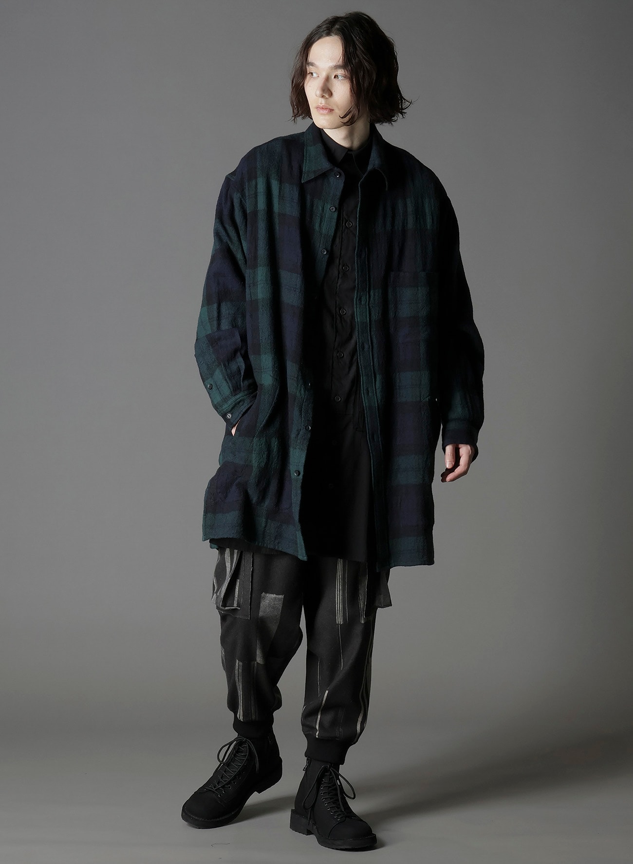 BIG REFINE PLAID LONG SHIRT W/WAIST POCKET