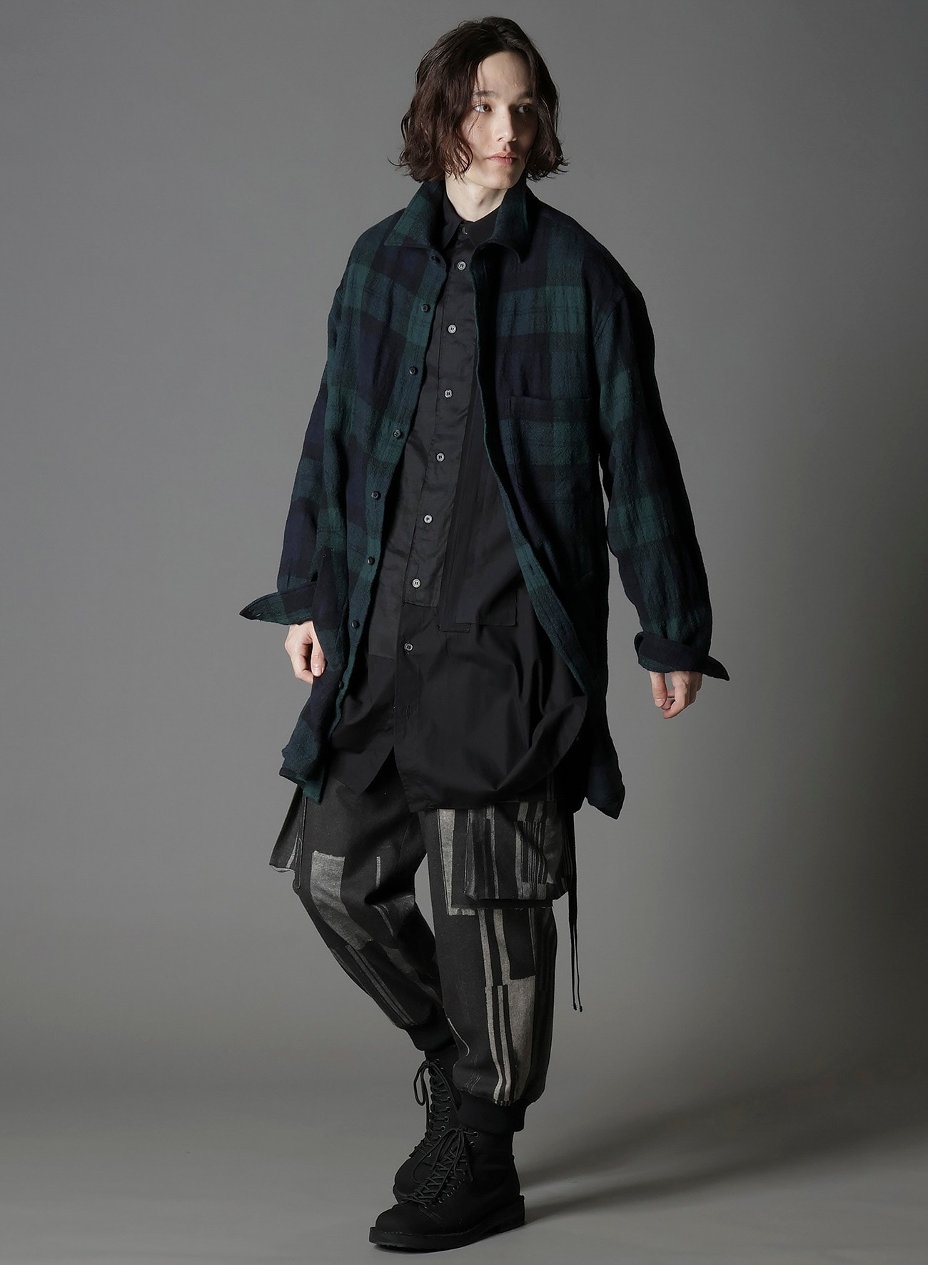 BIG REFINE PLAID LONG SHIRT W/WAIST POCKET