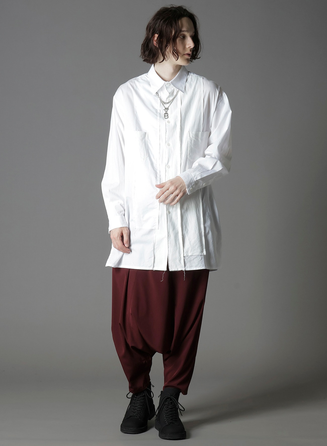 SWITCHING MATERIAL PATCHWORK WHITE SHIRT