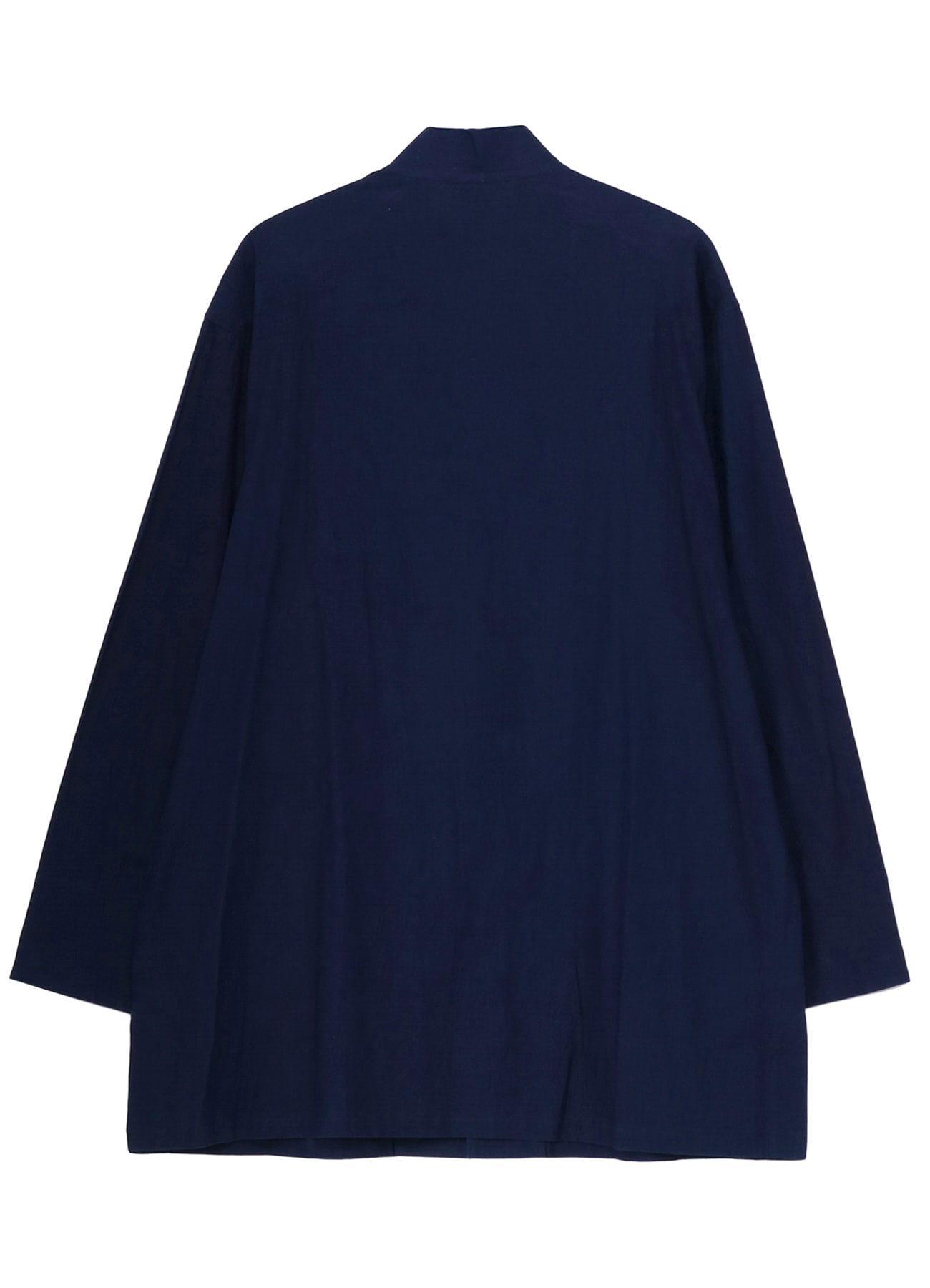 INDIGO DYED COTTON LINEN SHEETING SHAKA BUTTON STAND COLLAR SHIRT