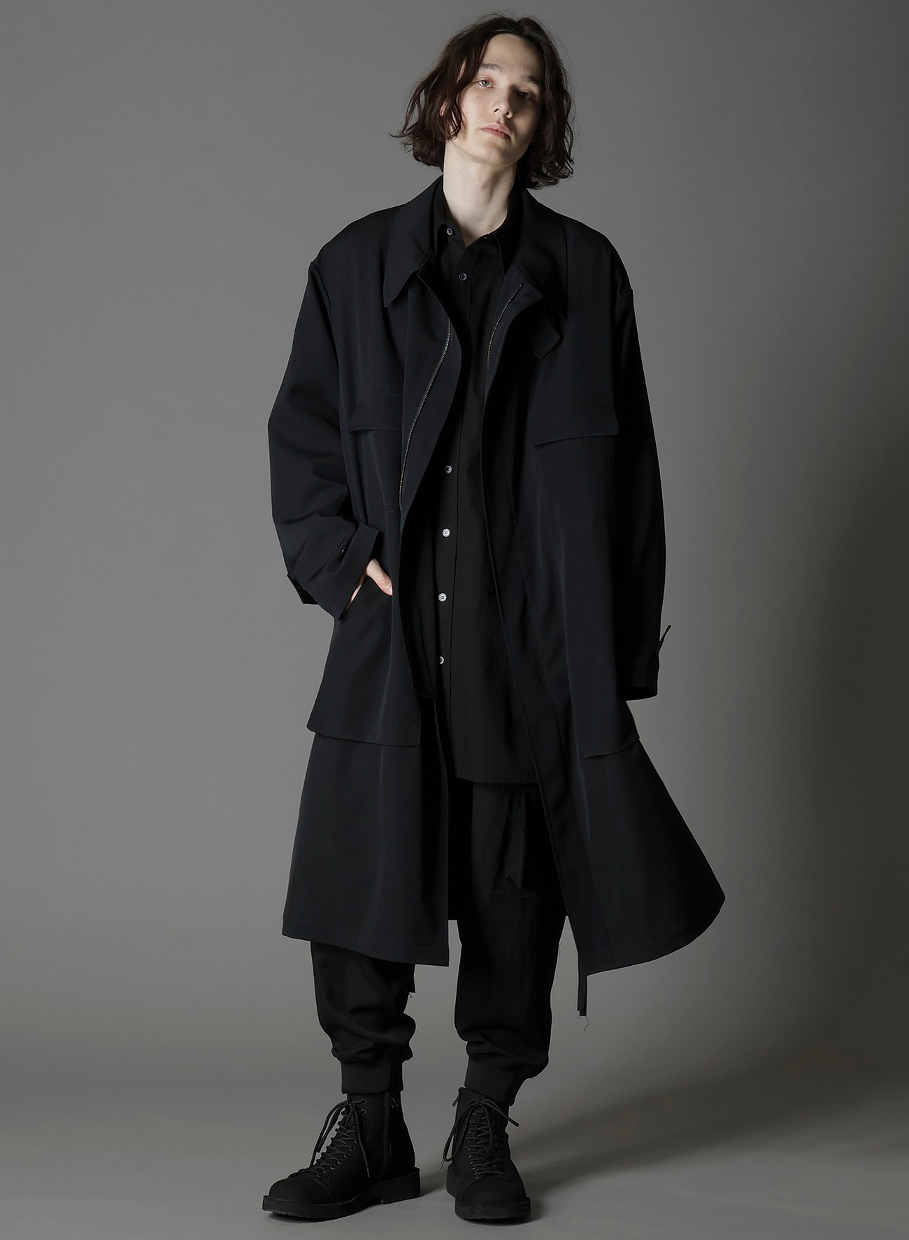 W/GABARDINE OUT POCKET LONG COAT