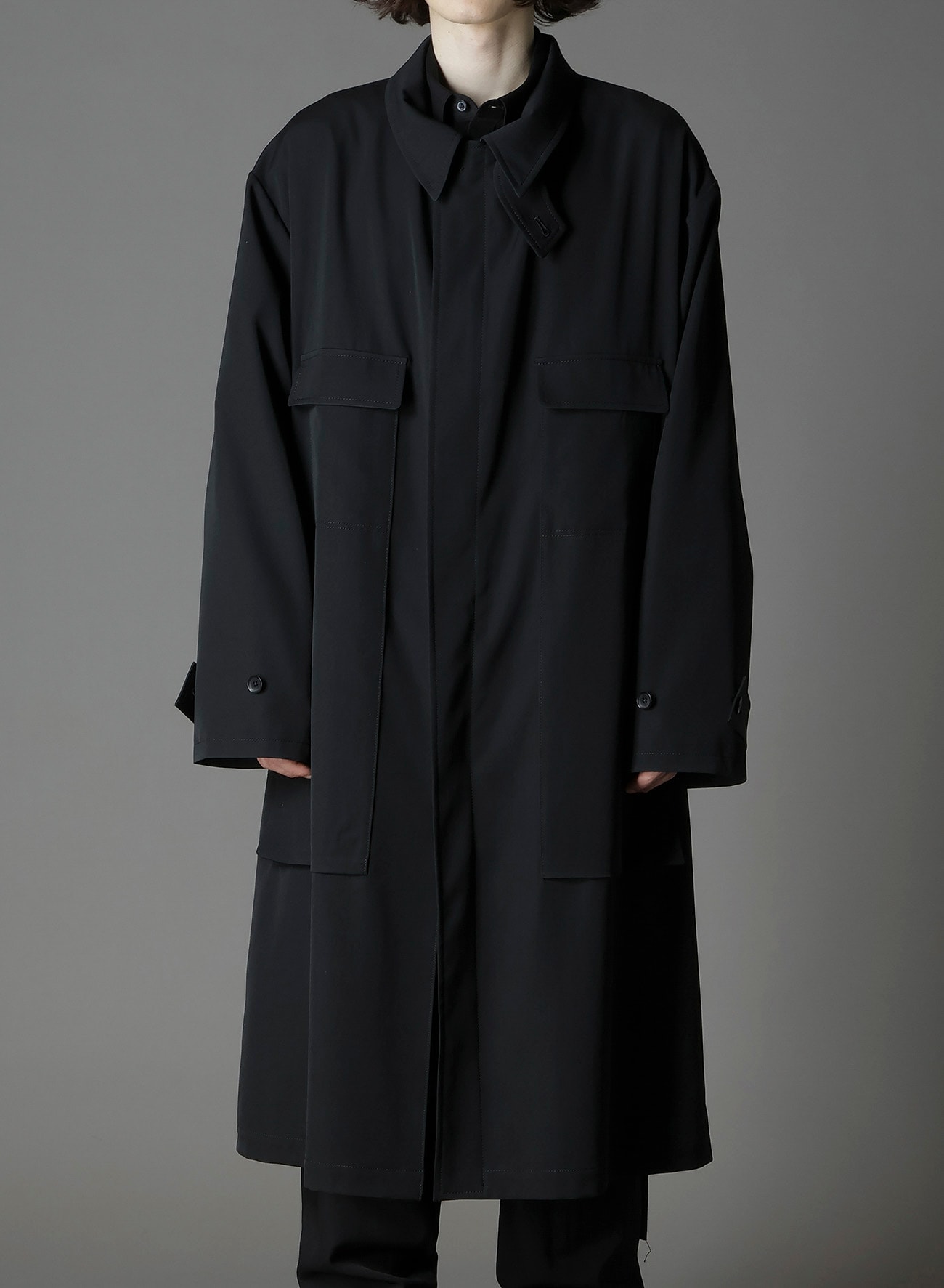 W/GABARDINE OUT POCKET LONG COAT