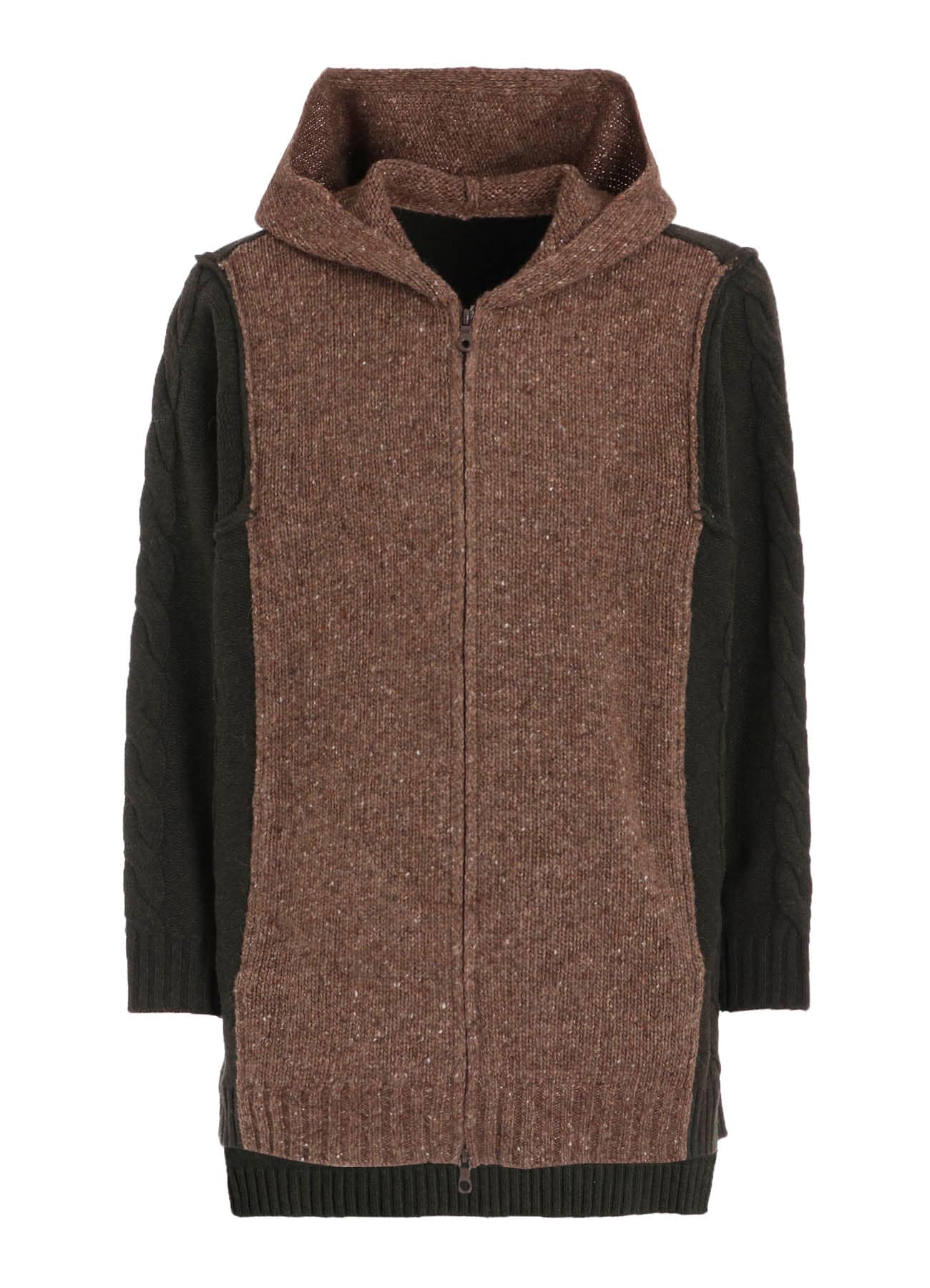 FINE MERINO WOOL CABLE SWITCH UNBALANCE HOODIE