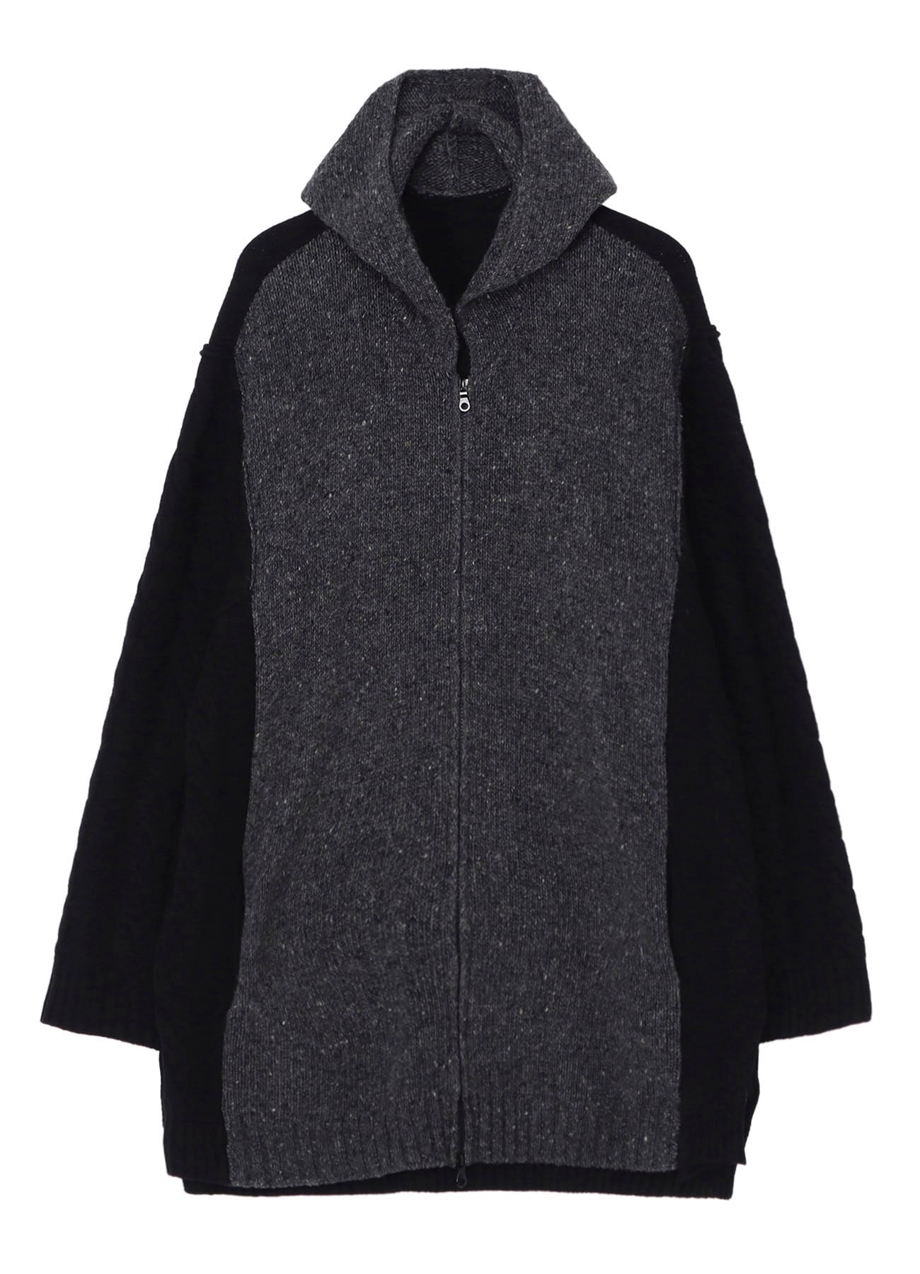FINE MERINO WOOL CABLE SWITCH UNBALANCE HOODIE