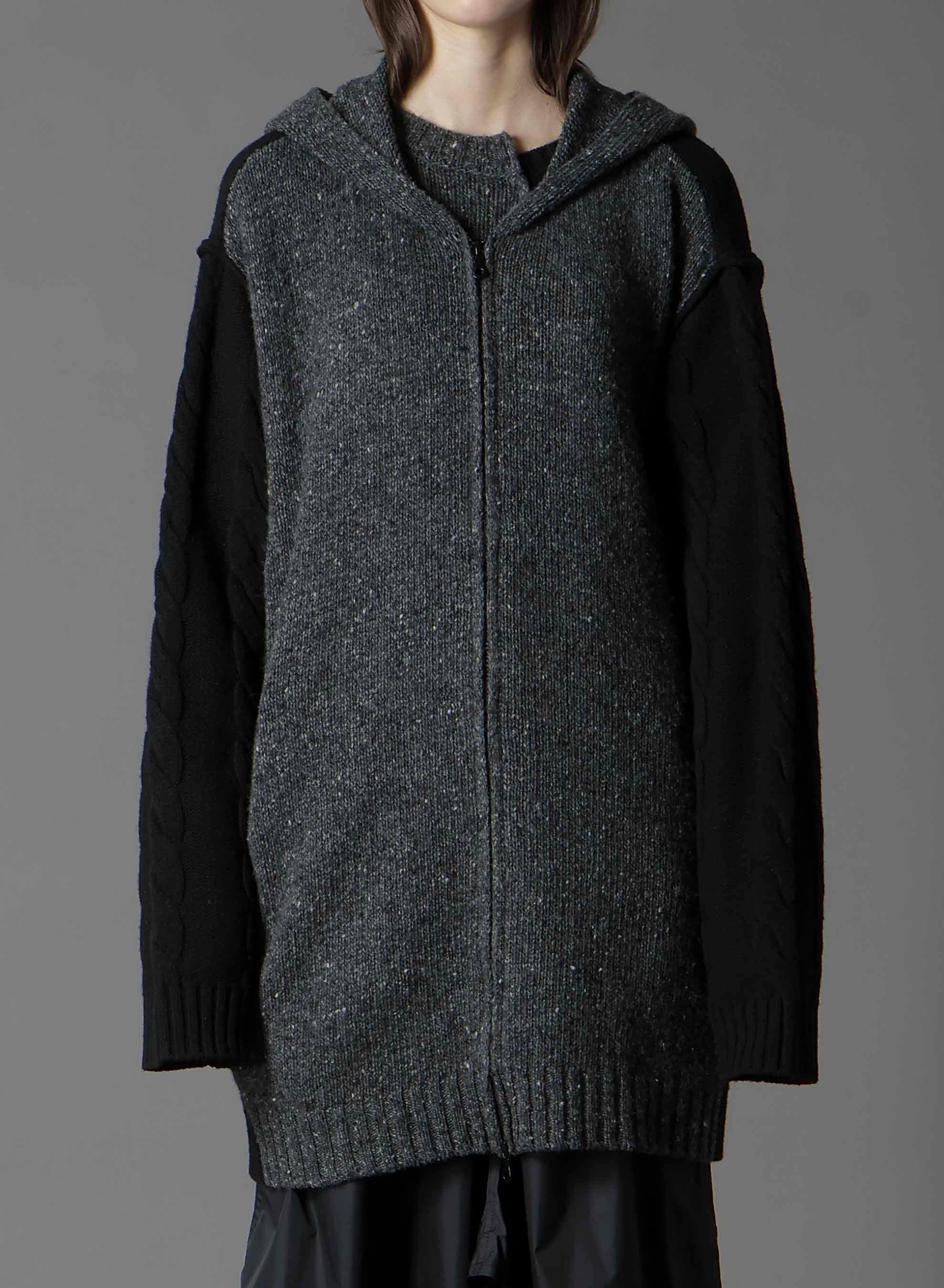 FINE MERINO WOOL CABLE SWITCH UNBALANCE HOODIE