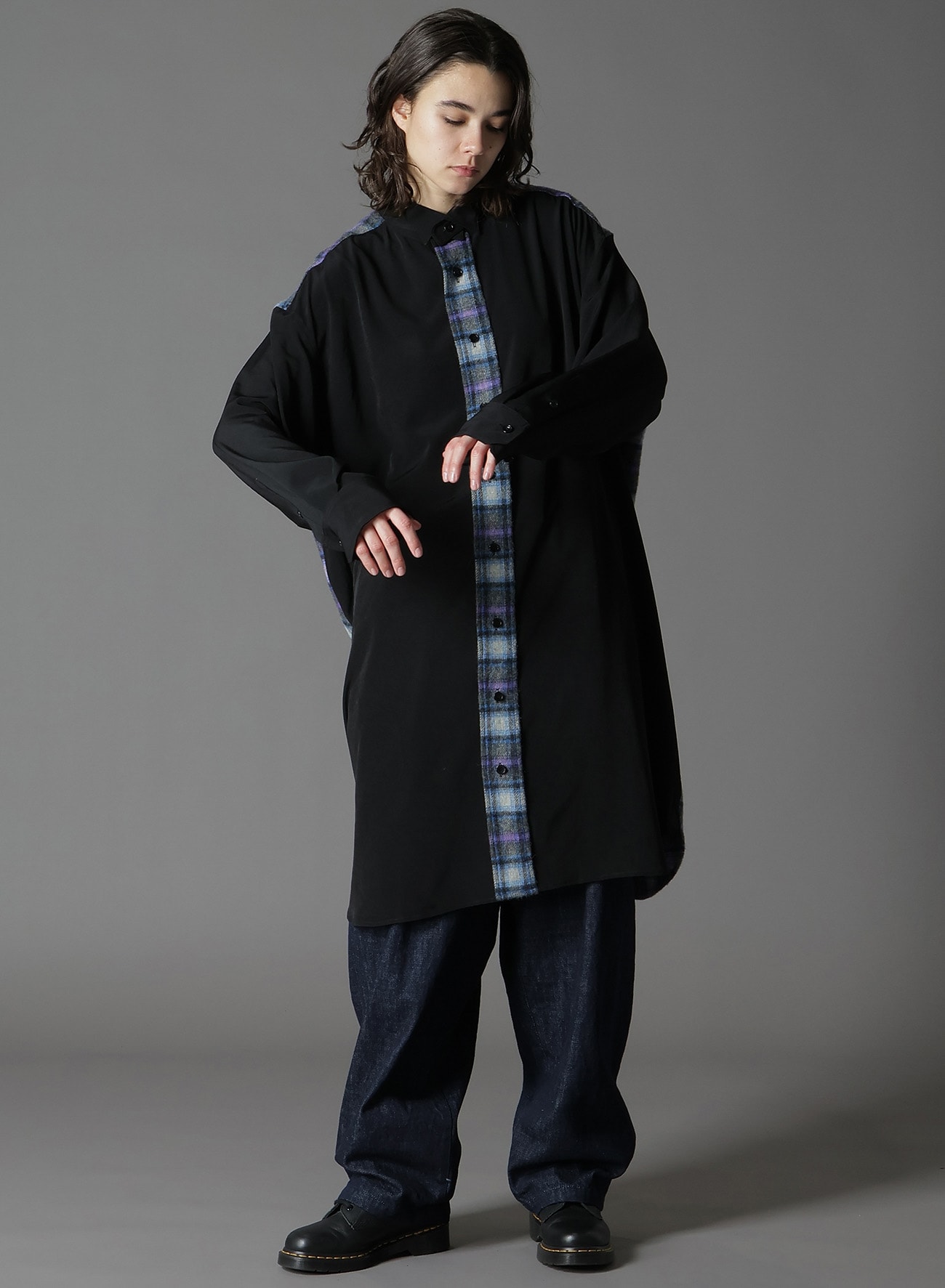 DE CHINE+CHECKED SHAGGY WOOL SPARE WING COLLAR SHIRT