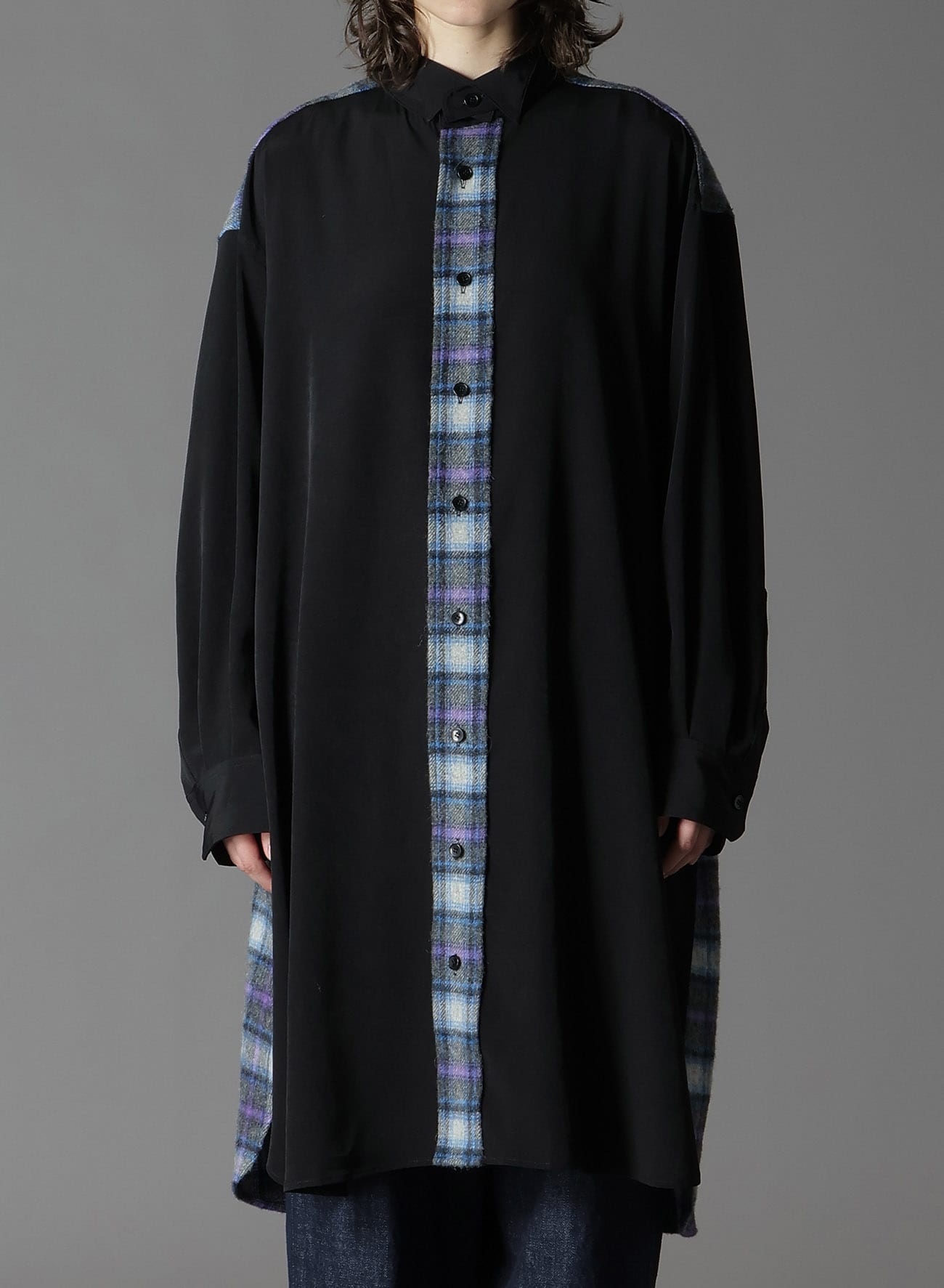 DE CHINE+CHECKED SHAGGY WOOL SPARE WING COLLAR SHIRT