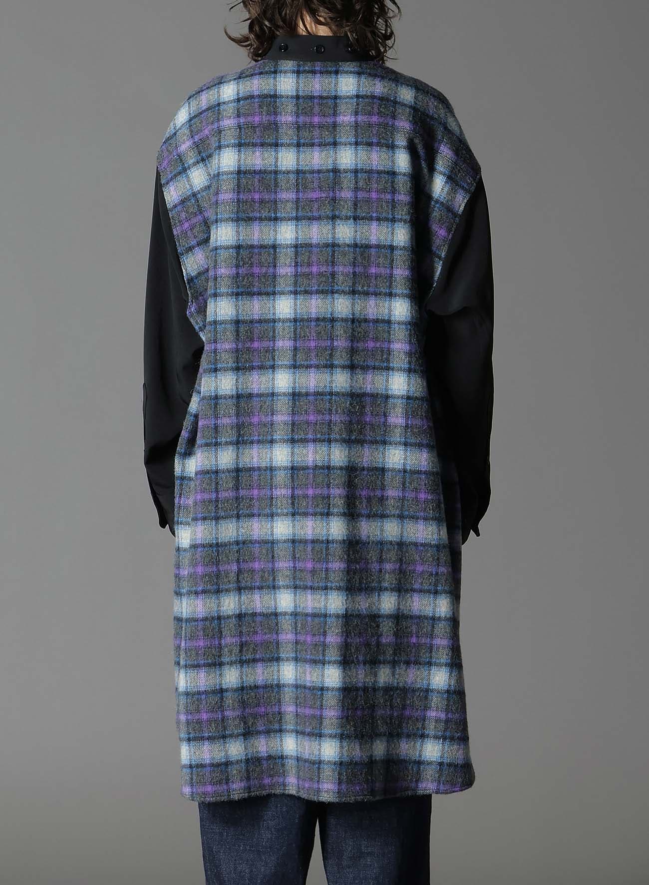 DE CHINE+CHECKED SHAGGY WOOL SPARE WING COLLAR SHIRT