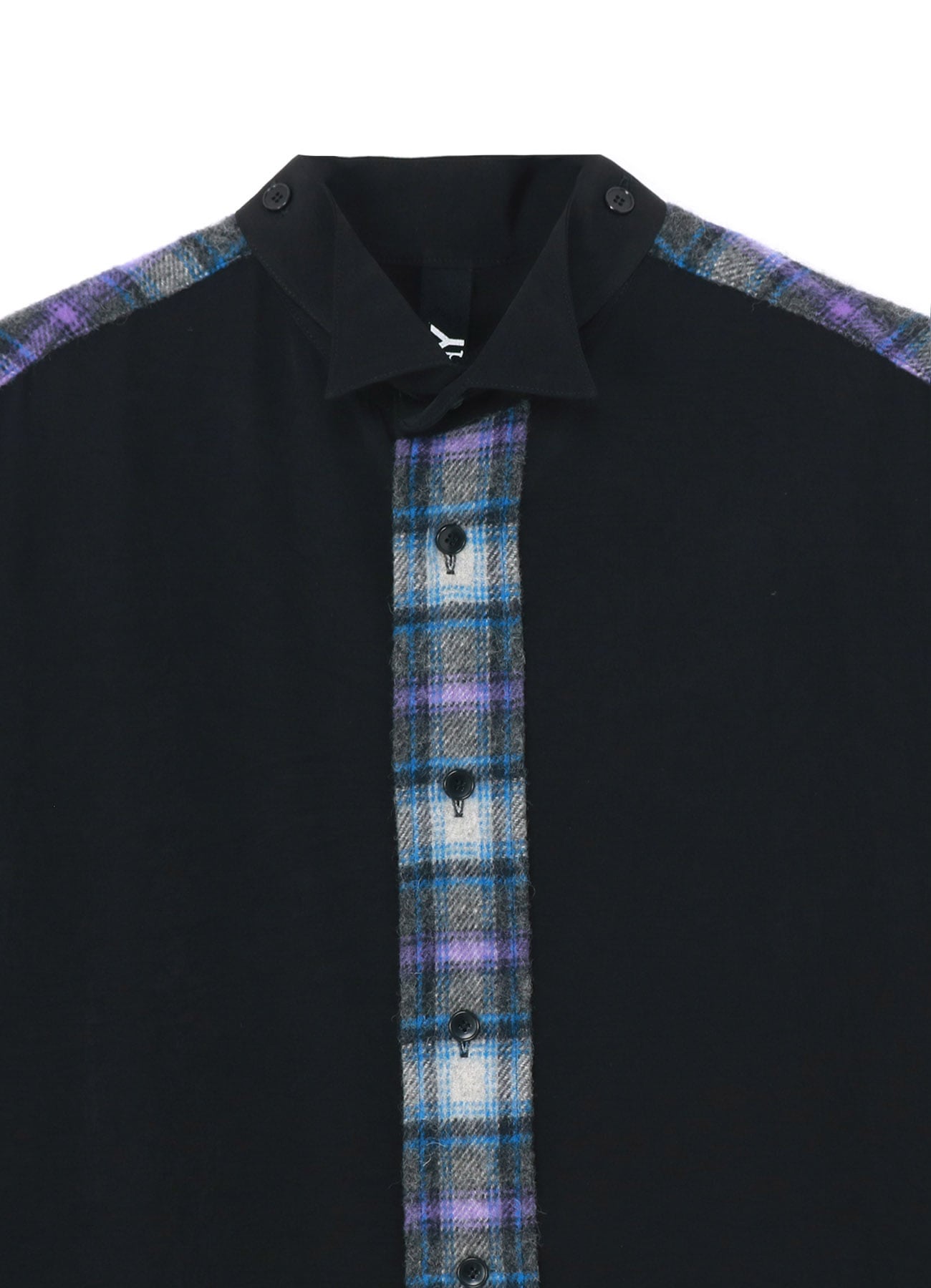 DE CHINE+CHECKED SHAGGY WOOL SPARE WING COLLAR SHIRT